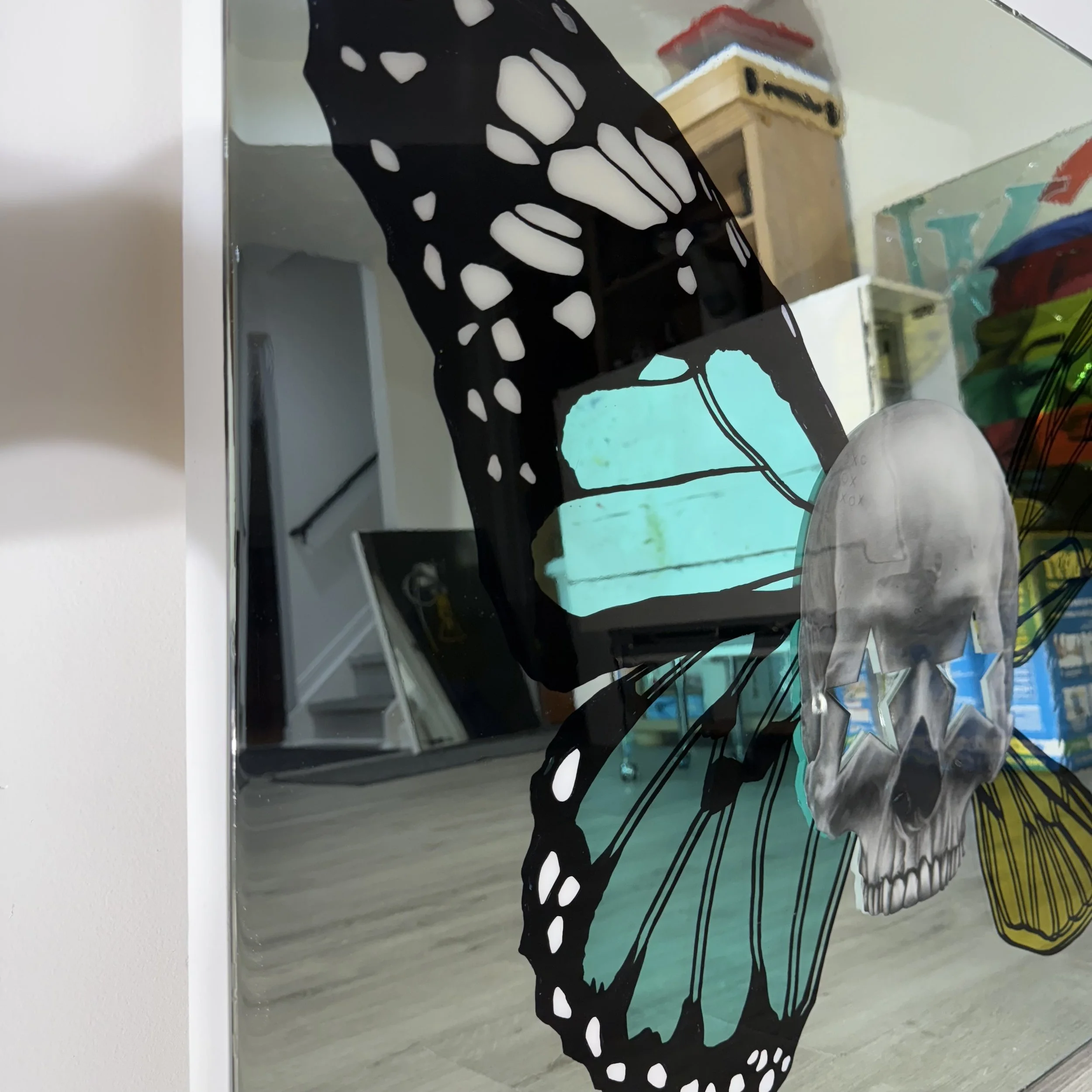 Graphite pencil drawing, stained glass paint, acrylic and epoxy resin on mirror. Mounted to canvas. 30 x 36 in. 