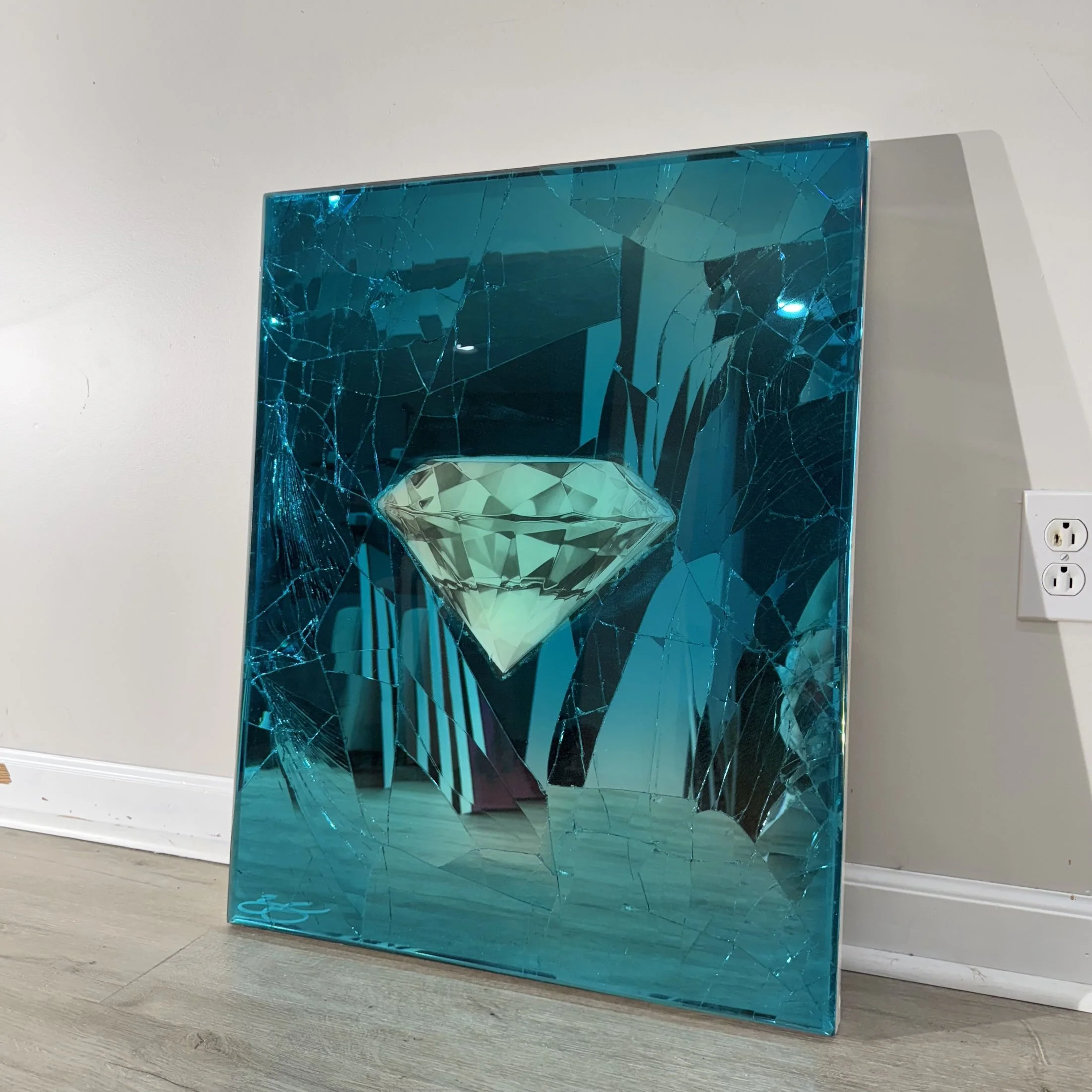 Graphite pencil drawing layered over intentionally shattered mirror and sealed with blue-dyed epoxy resin. Mounted to canvas. 24 x 30 in.