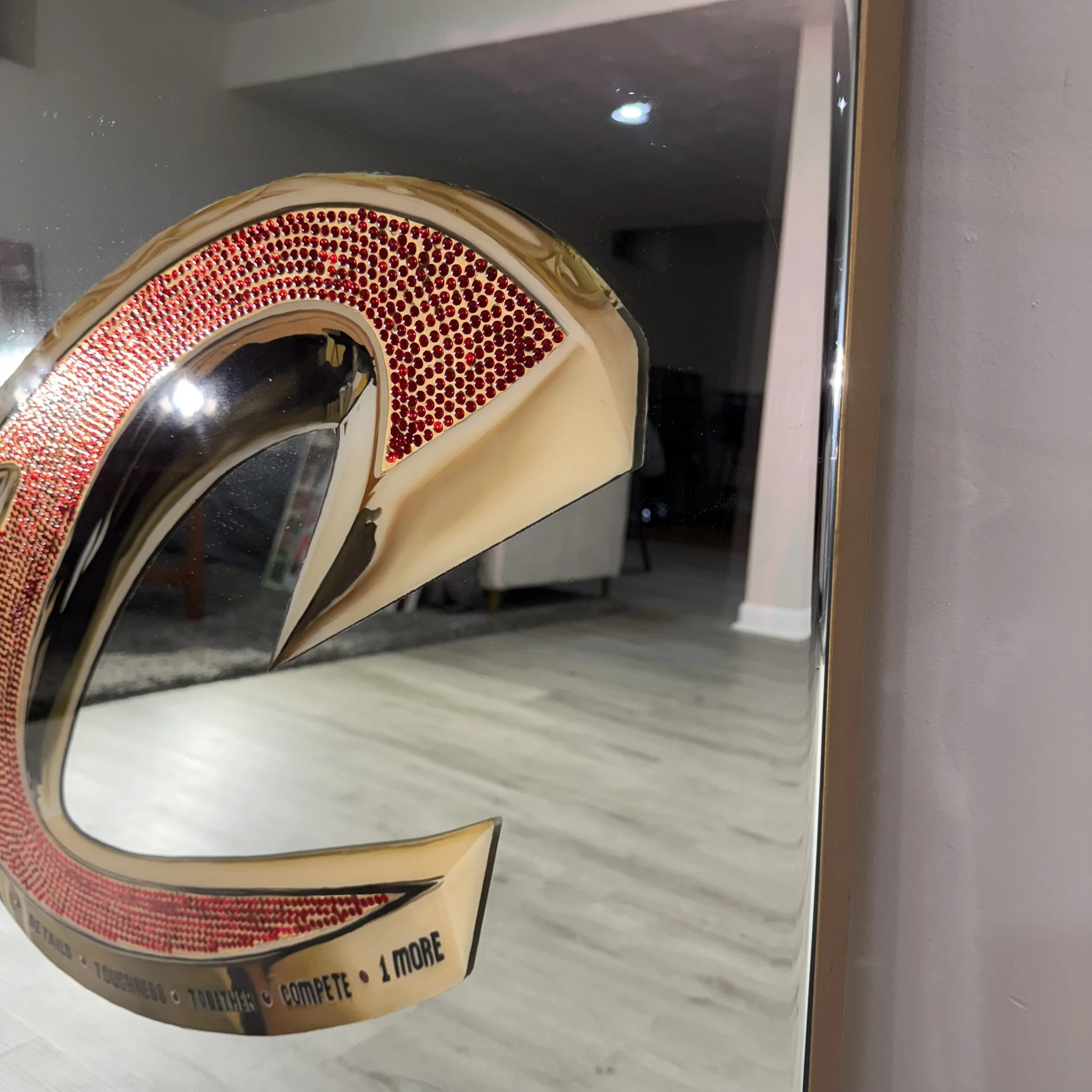 Oil paint, red rhinestones and epoxy resin on mirror. Mounted to canvas. 30 x 40 in.