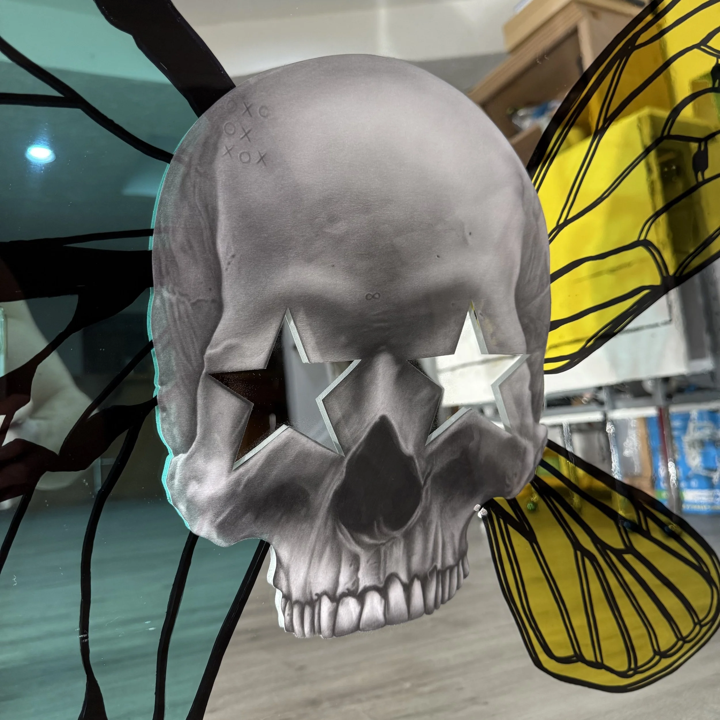 Graphite pencil drawing, stained glass paint, acrylic and epoxy resin on mirror. Mounted to canvas. 30 x 36 in. 