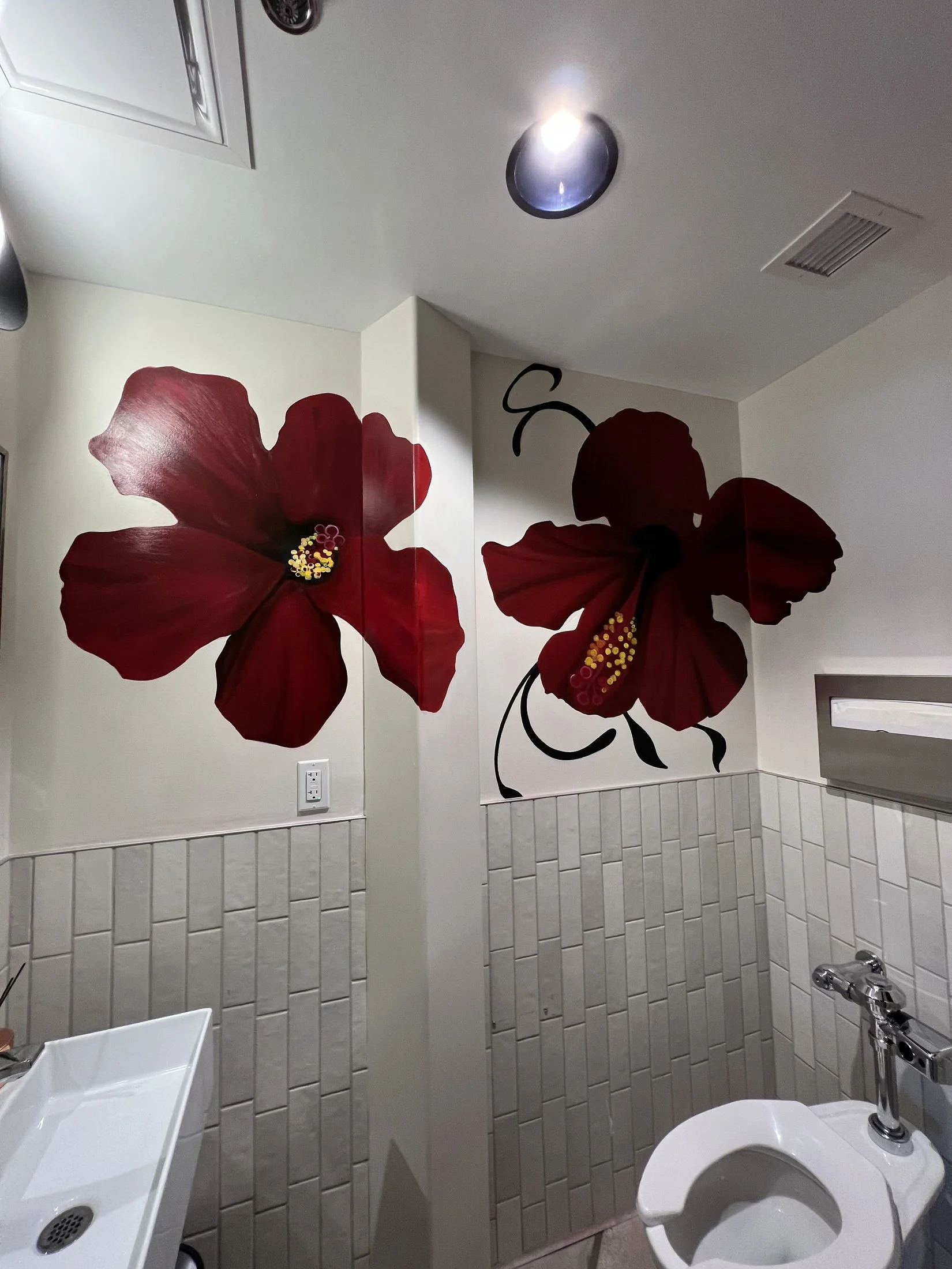 Multi-Space Installation featuring custom murals, large-scale plexiglass artworks and resin-coated oil paintings. The project integrated spray paint, acrylic, oil, gold leaf and resin across dining bars, private spaces and restrooms.