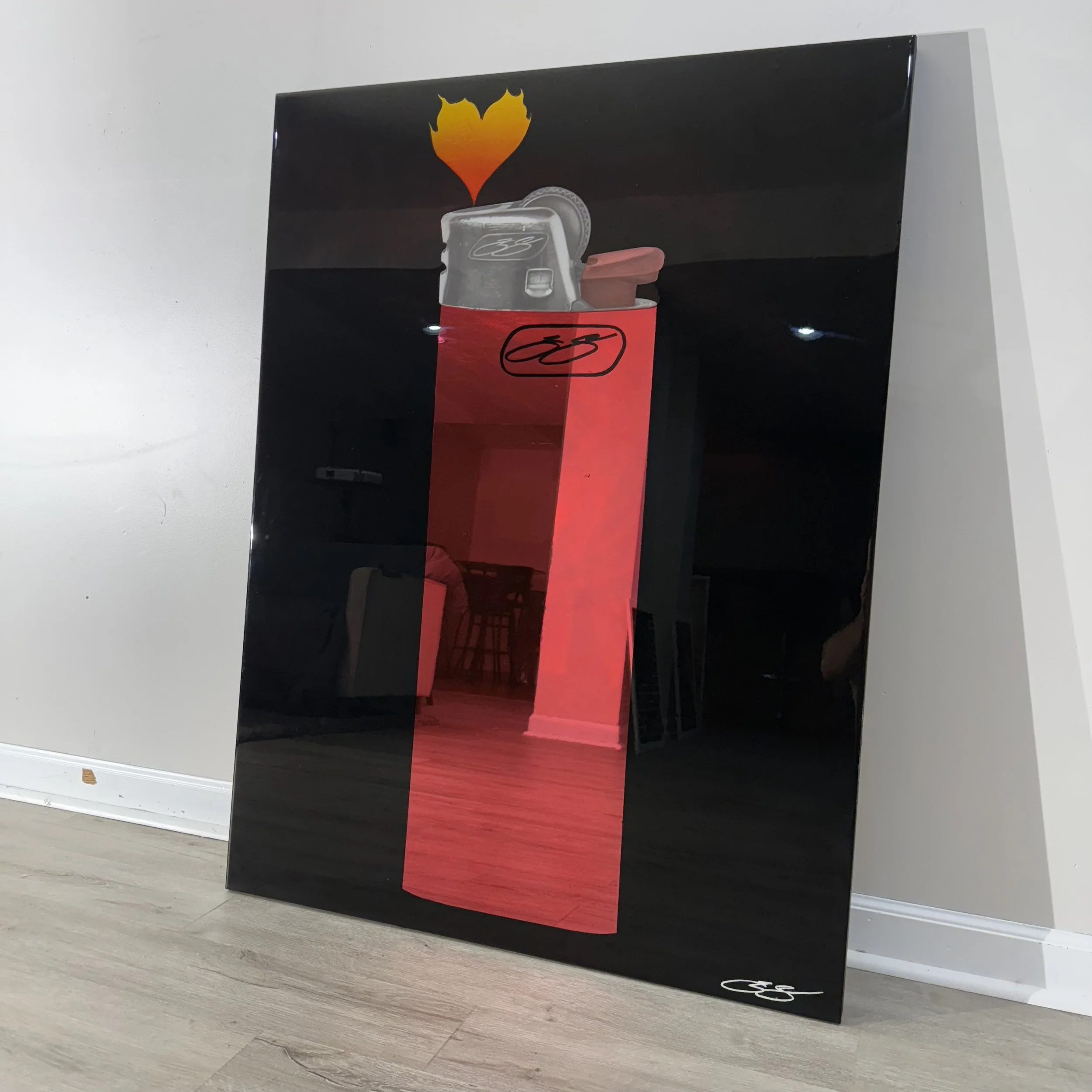 Graphite pencil drawing, acrylic, stained glass paint and epoxy resin on mirror. Mounted to canvas. 3 x 4 ft.