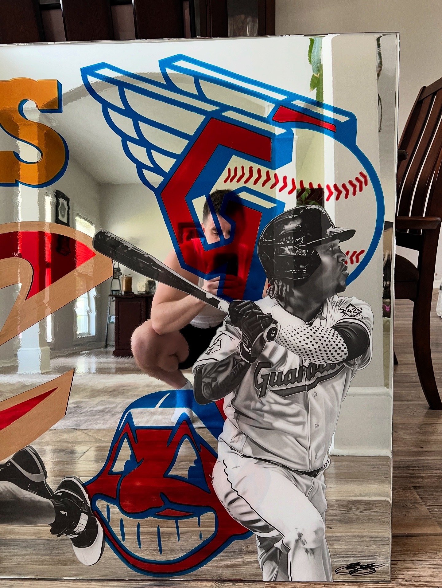 Custom mixed-media mirror artwork created for a private collector. The piece features graphite realism drawings, stained-glass painted mirror elements and epoxy resin on a 3ft x 5ft mirror.