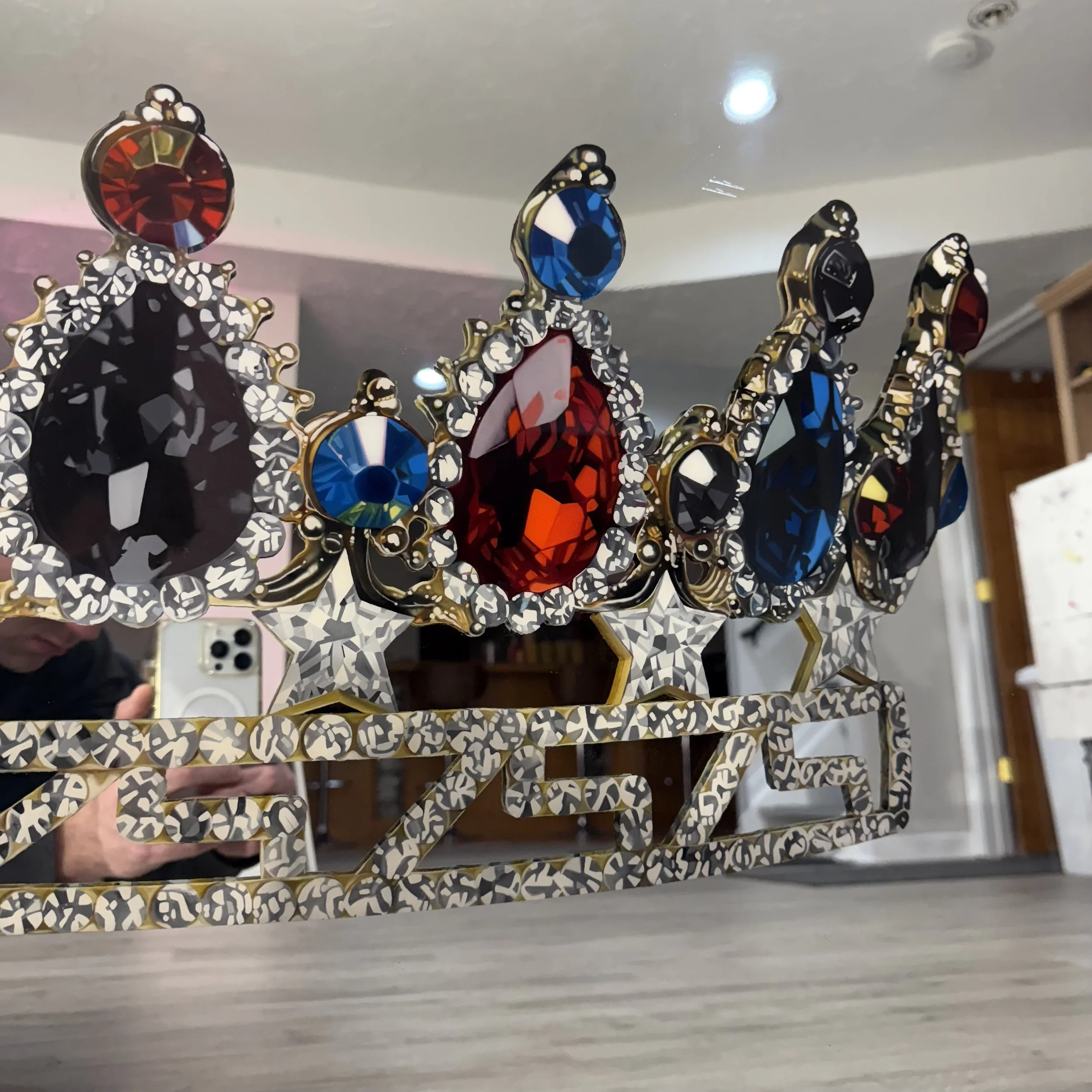 Oil paint and epoxy resin on mirror. Permanently mounted to mirror. 32 x 42 in.