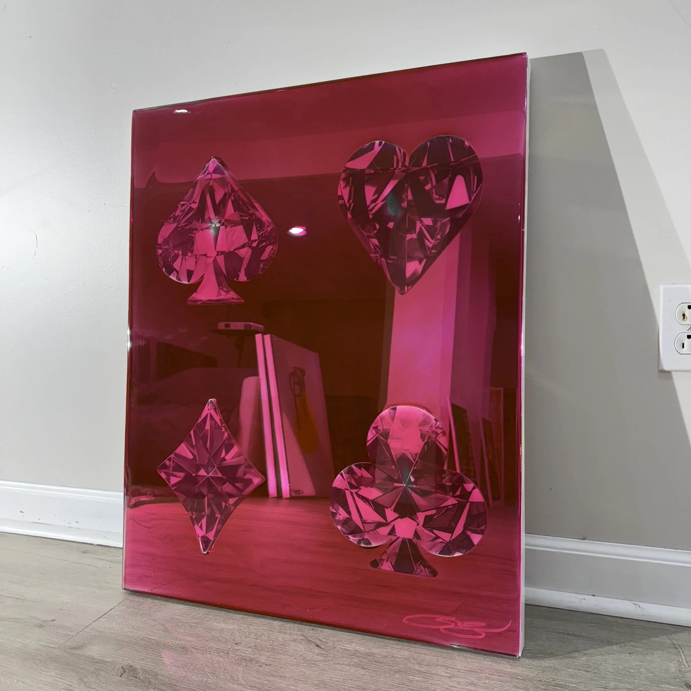 Graphite pencil drawings layered over mirror and sealed with pink-dyed epoxy resin. Mounted to canvas. 24 x 30 in.
