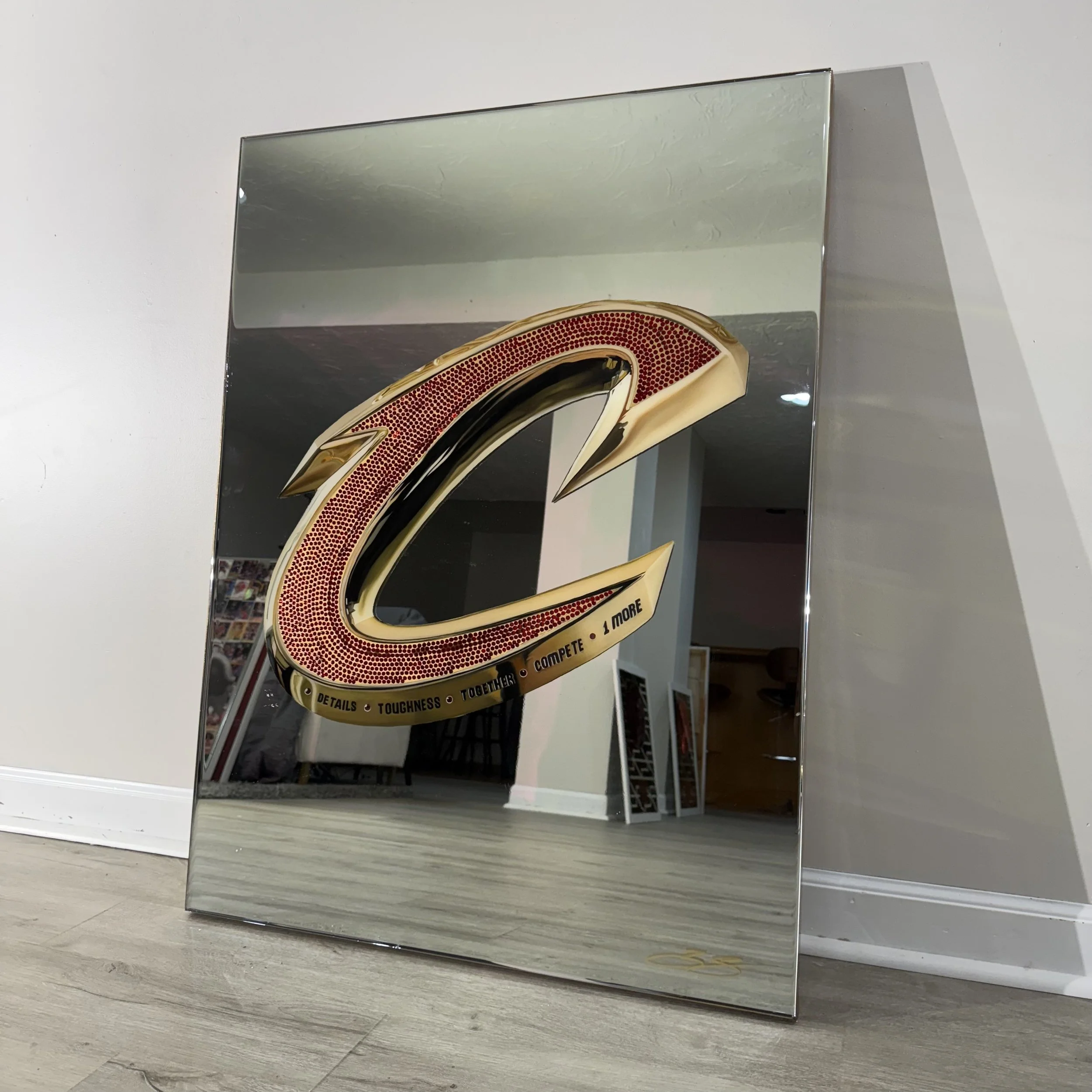 Oil paint, red rhinestones and epoxy resin on mirror. Mounted to canvas. 30 x 40 in.