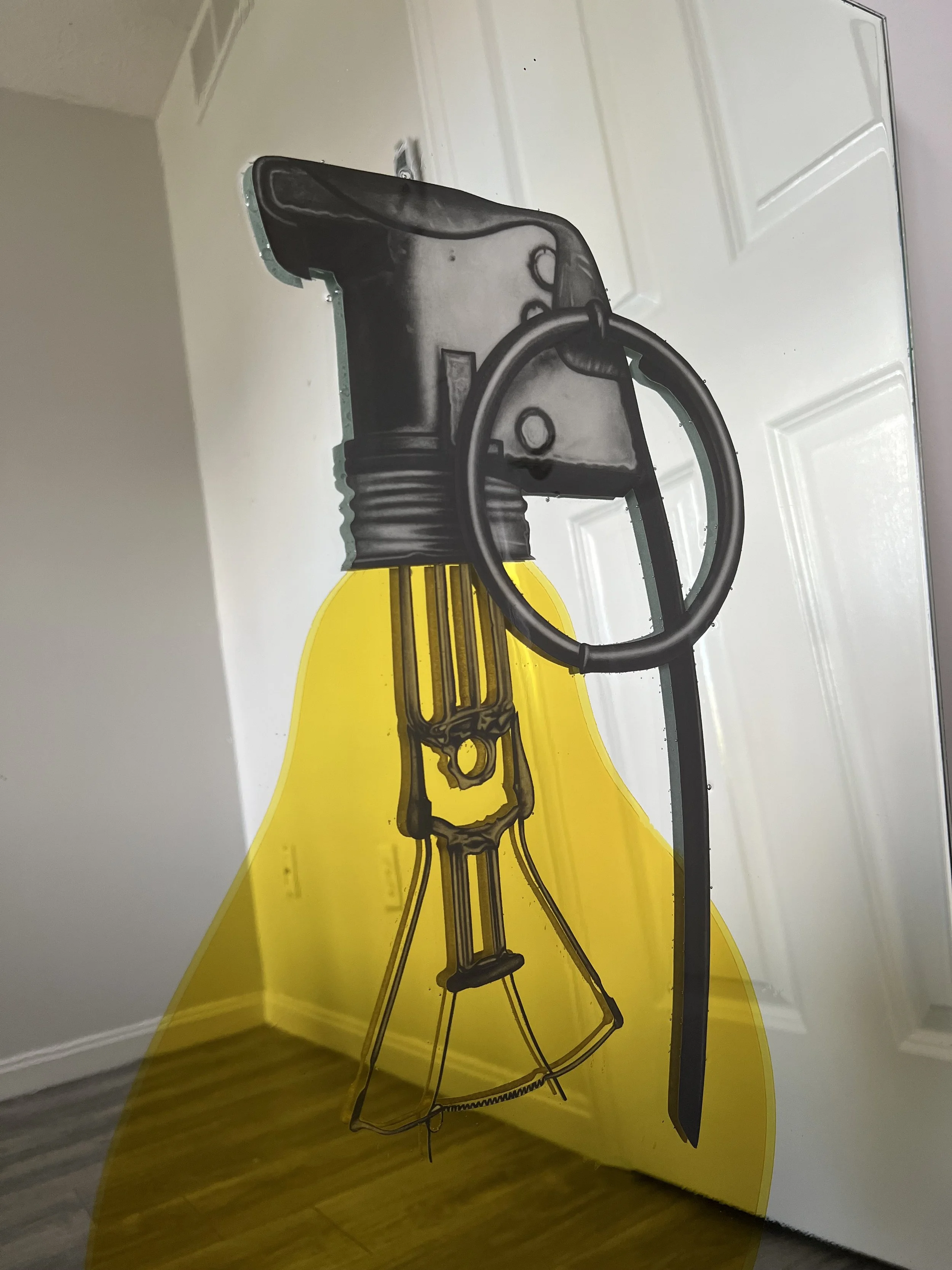 Graphite pencil drawing, stained glass paint and epoxy resin on mirror. Mounted to canvas. 24 x 36 in.