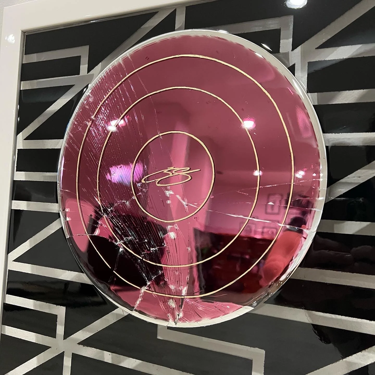 Stained glass paint and ink on intentionally-shattered mirrors, mounted to spray painted glass. Sealed with resin and permanently mounted to custom wood frames. Dual set. 18 x 24 in. each. 