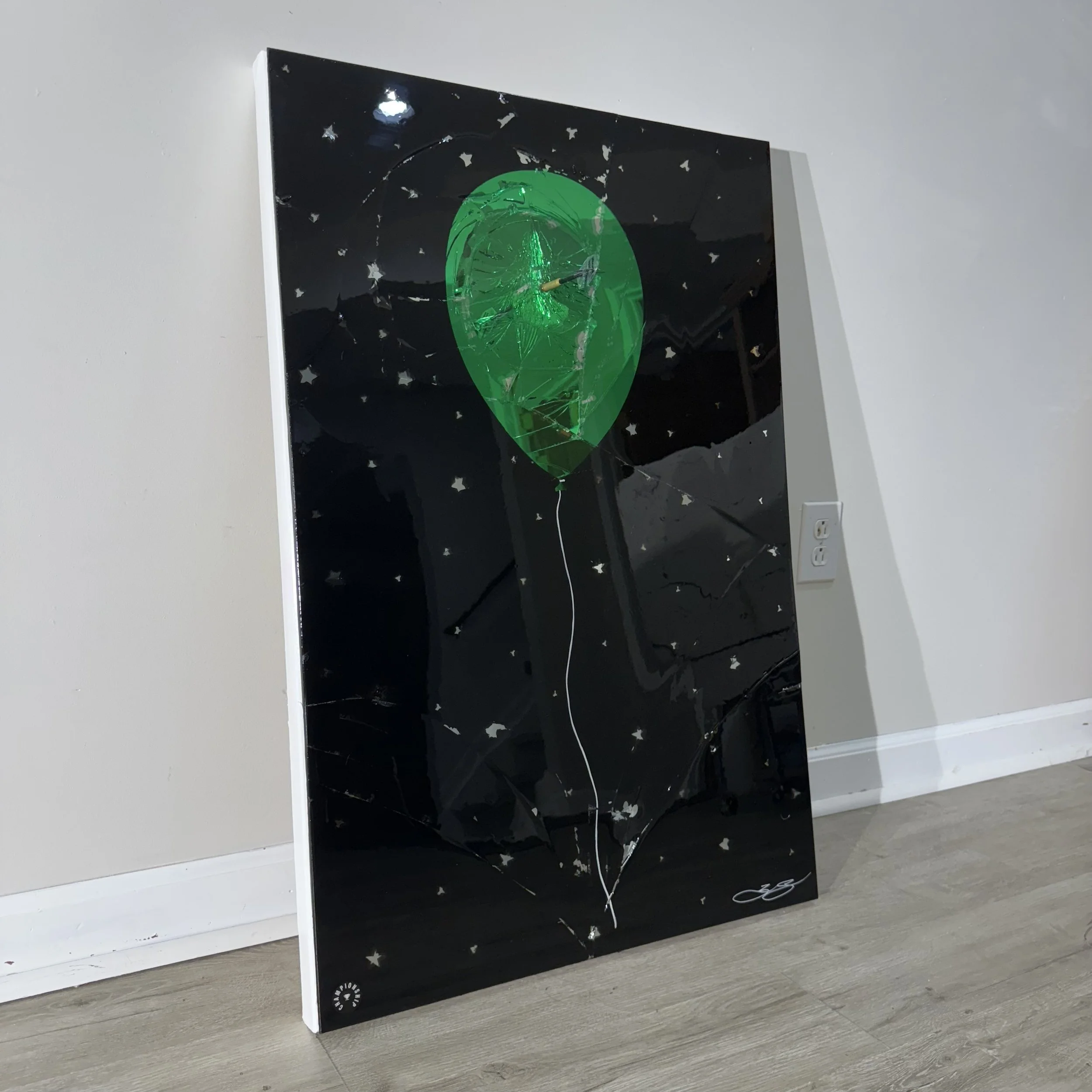 Stained glass paint, spray paint, acrylic, epoxy resin and a real playing dart on intentionally-shattered mirror. Mounted to canvas. 24 x 36 in.