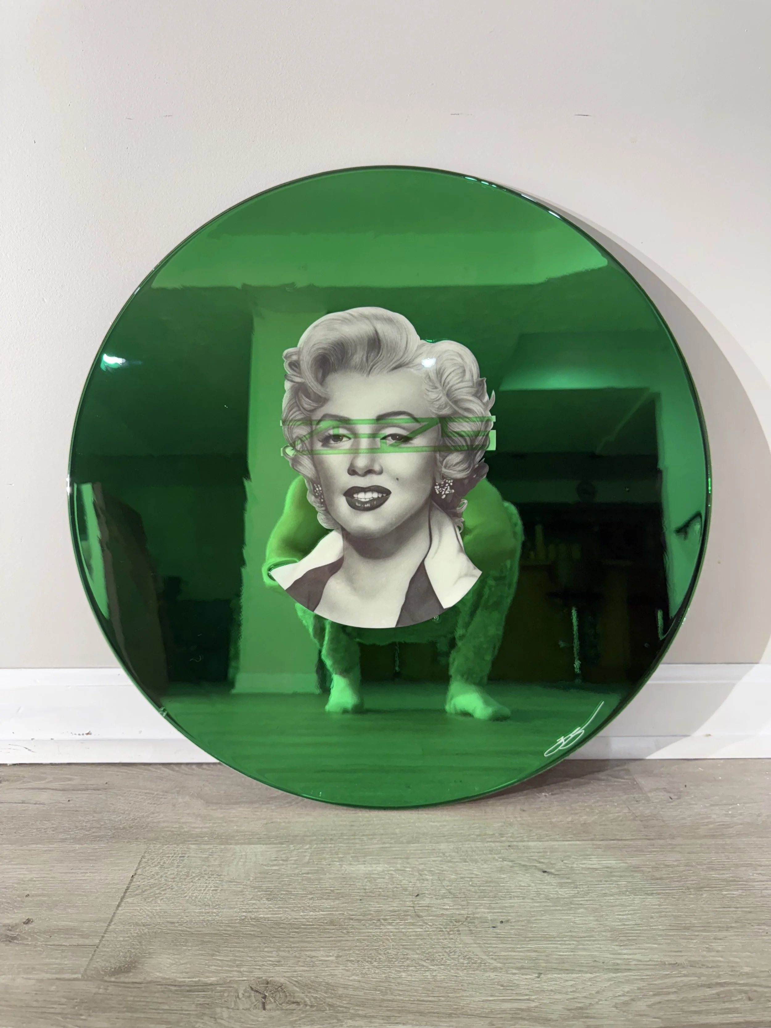 Graphite pencil portrait, layered over stained glass painted mirror. Sealed with epoxy resin. 24 in. diameter.