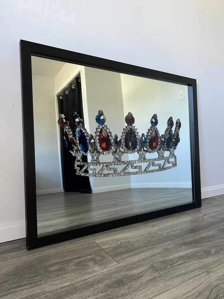 Oil paint and epoxy resin on mirror. Permanently mounted to mirror. 32 x 42 in.