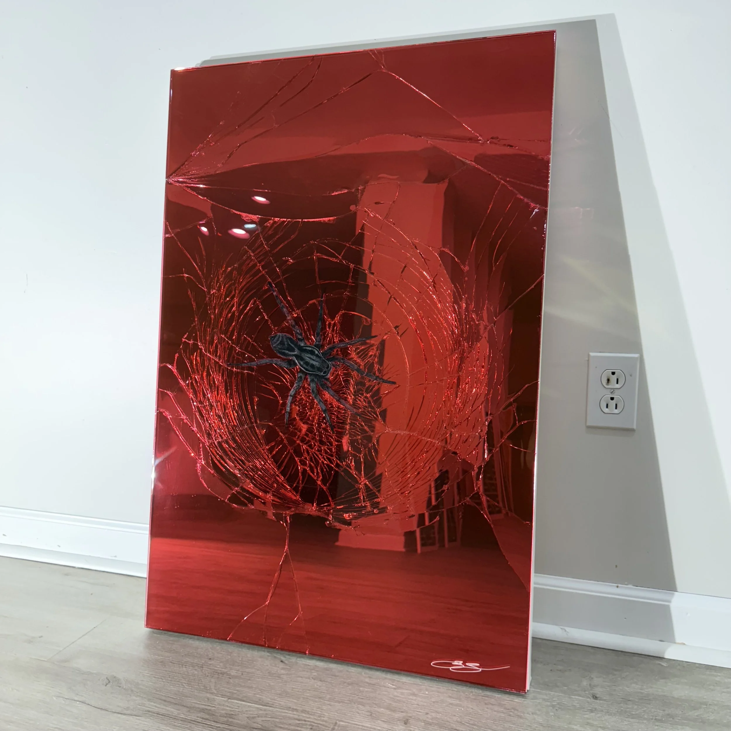 Acrylic, stained glass paint and epoxy resin on intentionally-shattered mirror. Mounted to canvas. 24 x 36 in.