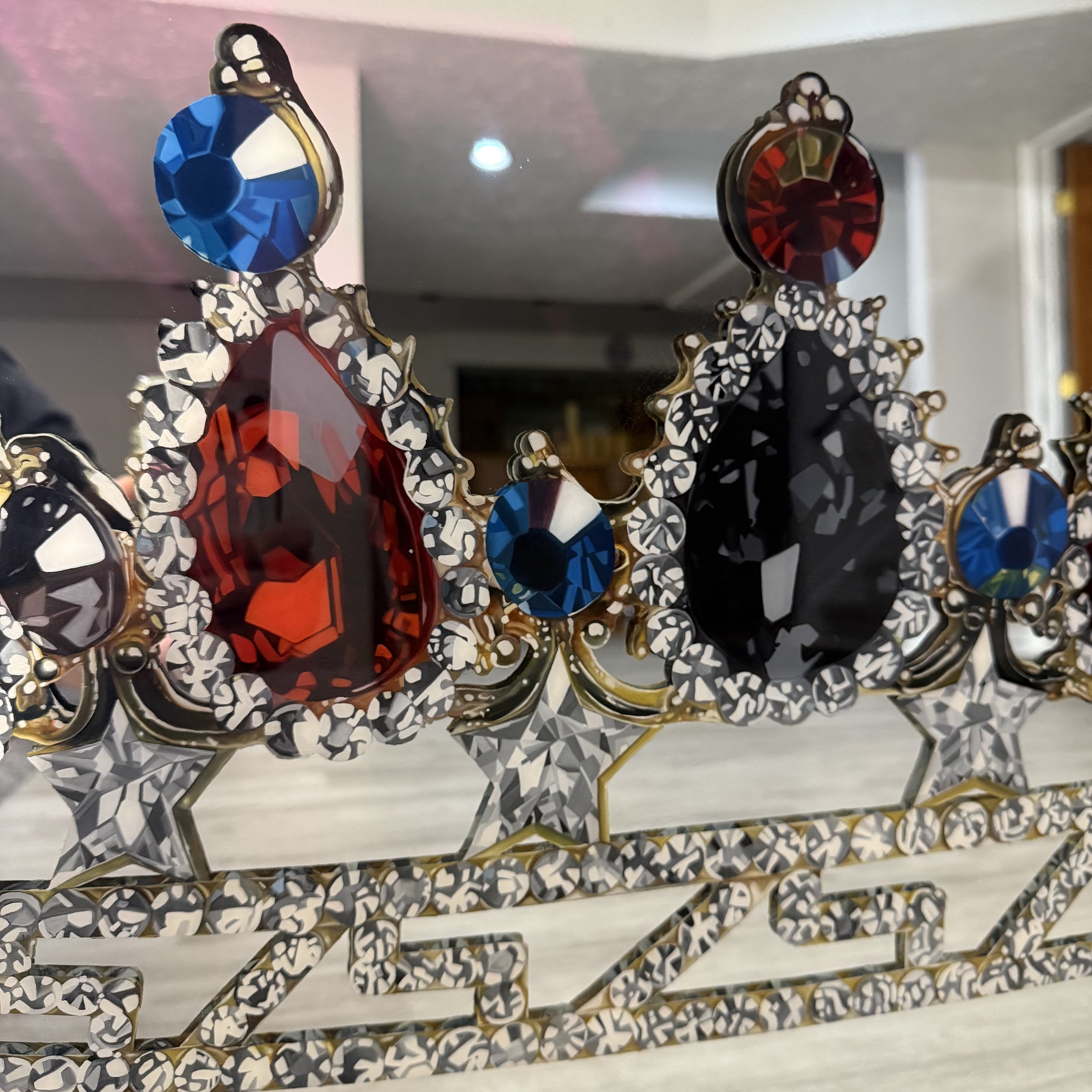 Oil paint and epoxy resin on mirror. Permanently mounted to mirror. 32 x 42 in.