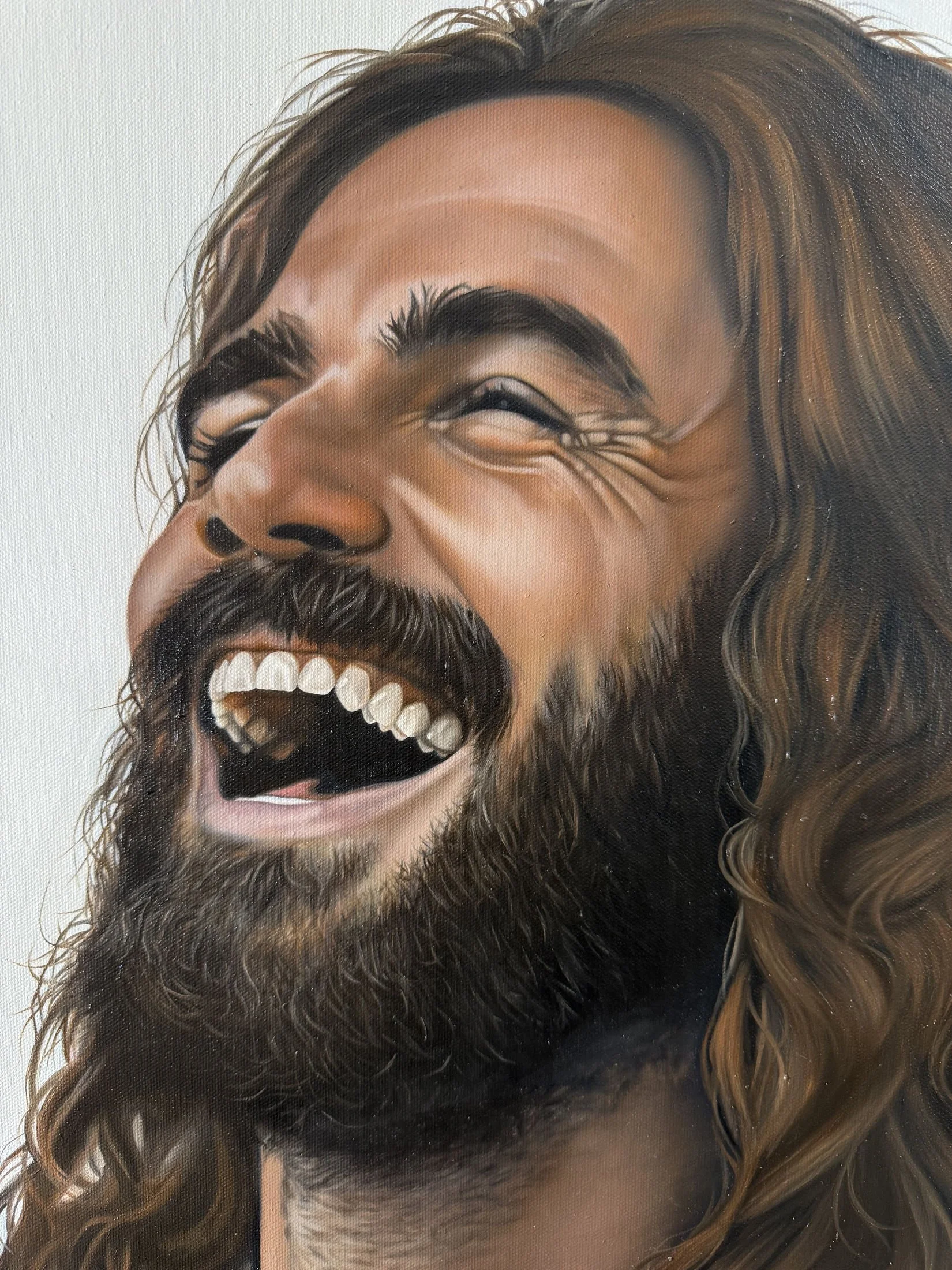 Oil painting of Jesus laughing on 24" x 36" canvas