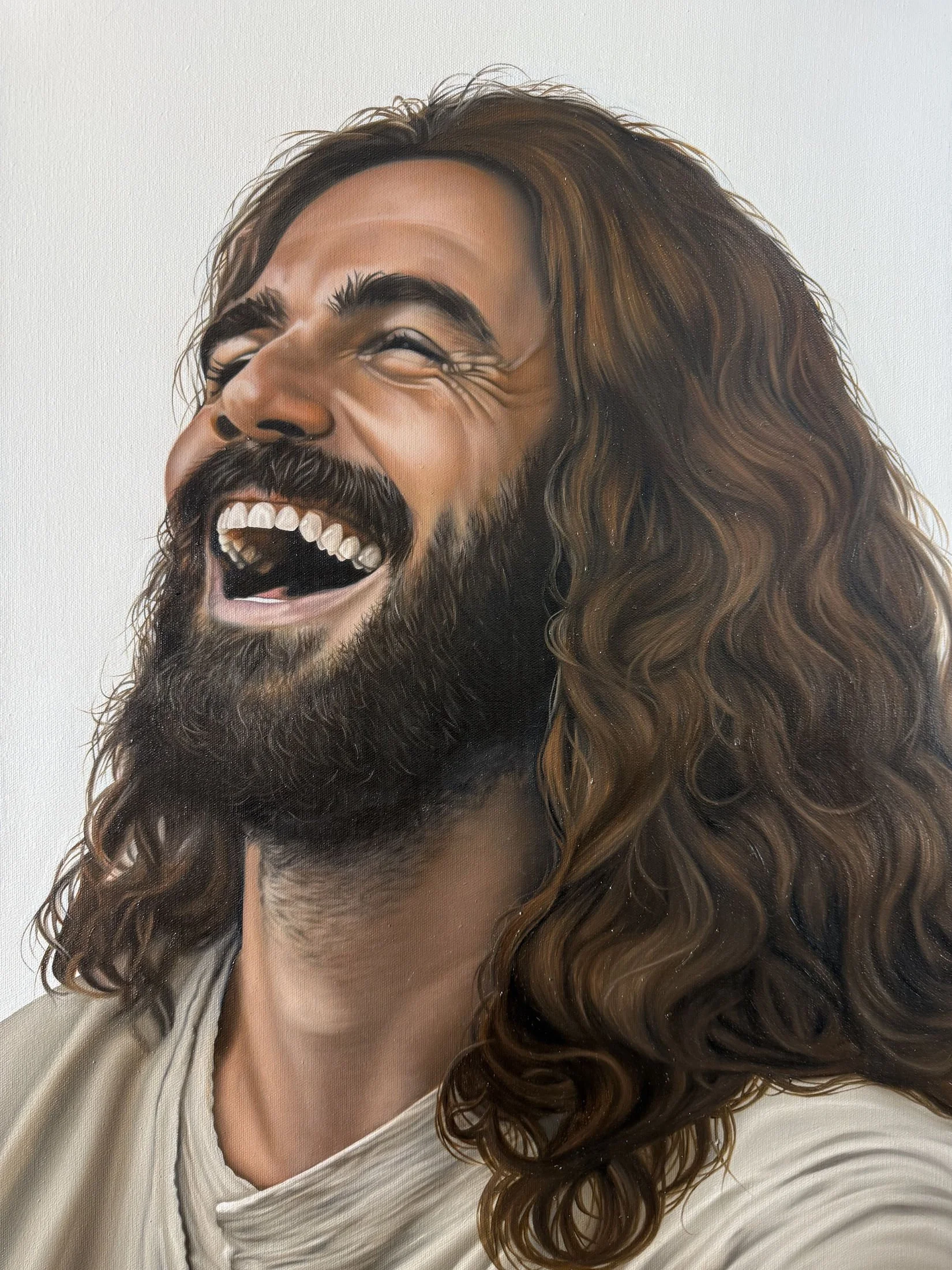 Oil painting of Jesus laughing on 24" x 36" canvas