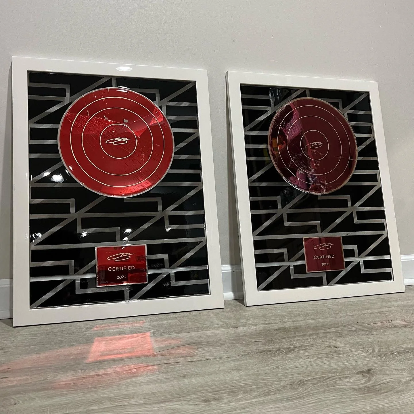 Stained glass paint and ink on intentionally shattered mirrors, mounted to spray painted glass. Sealed with resin and permanently mounted to custom wood frames. Dual set. 18 x 24 in. each. 