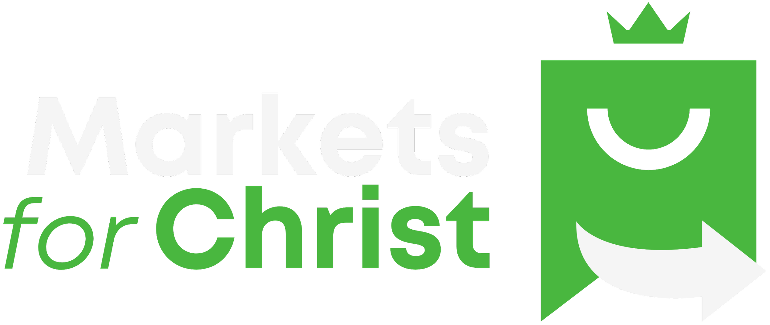 Logo for 'Markets for Christ' featuring the text 'Markets' in gray, 'for' in green, and 'Christ' in green, alongside a smiling green shopping bag with a crown on top and an arrow pointing to the right.