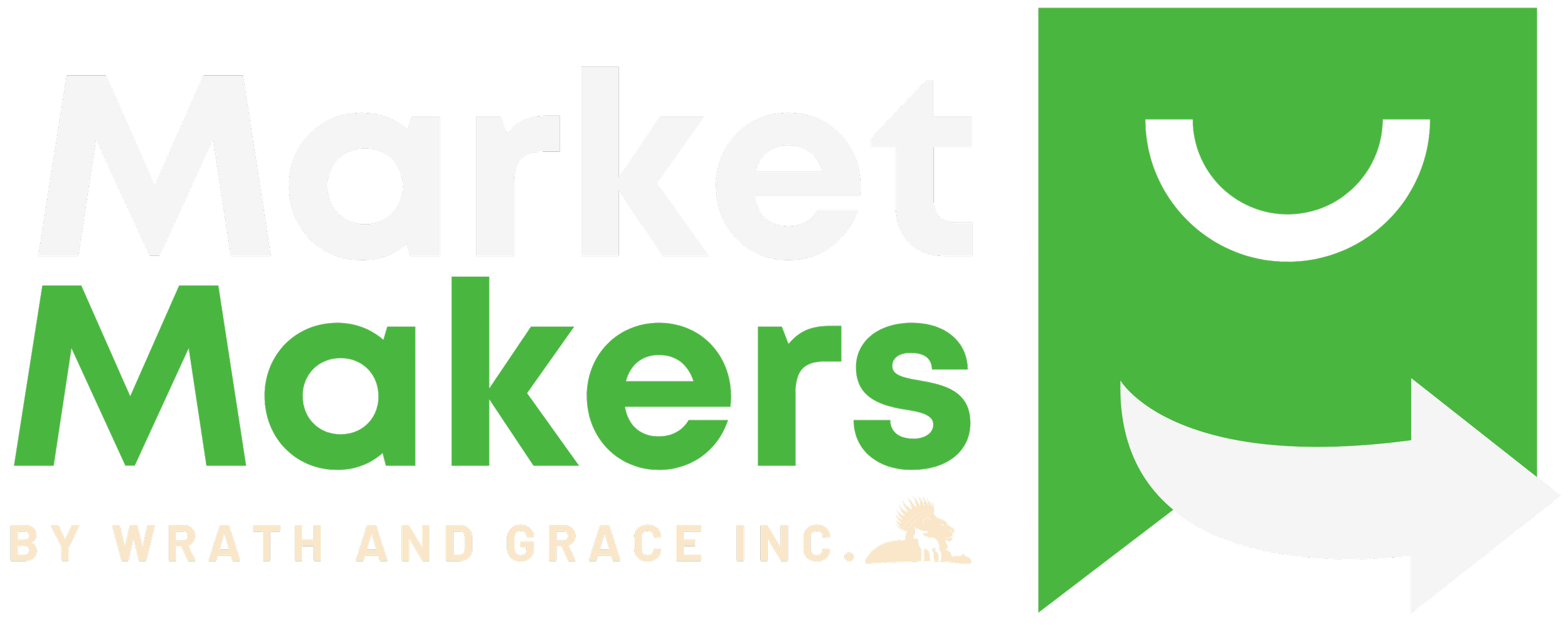 Logo for Market Makers by Wrath and Grace Inc., featuring the words 'Market Makers' with 'Market' in white and 'Makers' in green, alongside a stylized green box with a smiling face and a white arrow.
