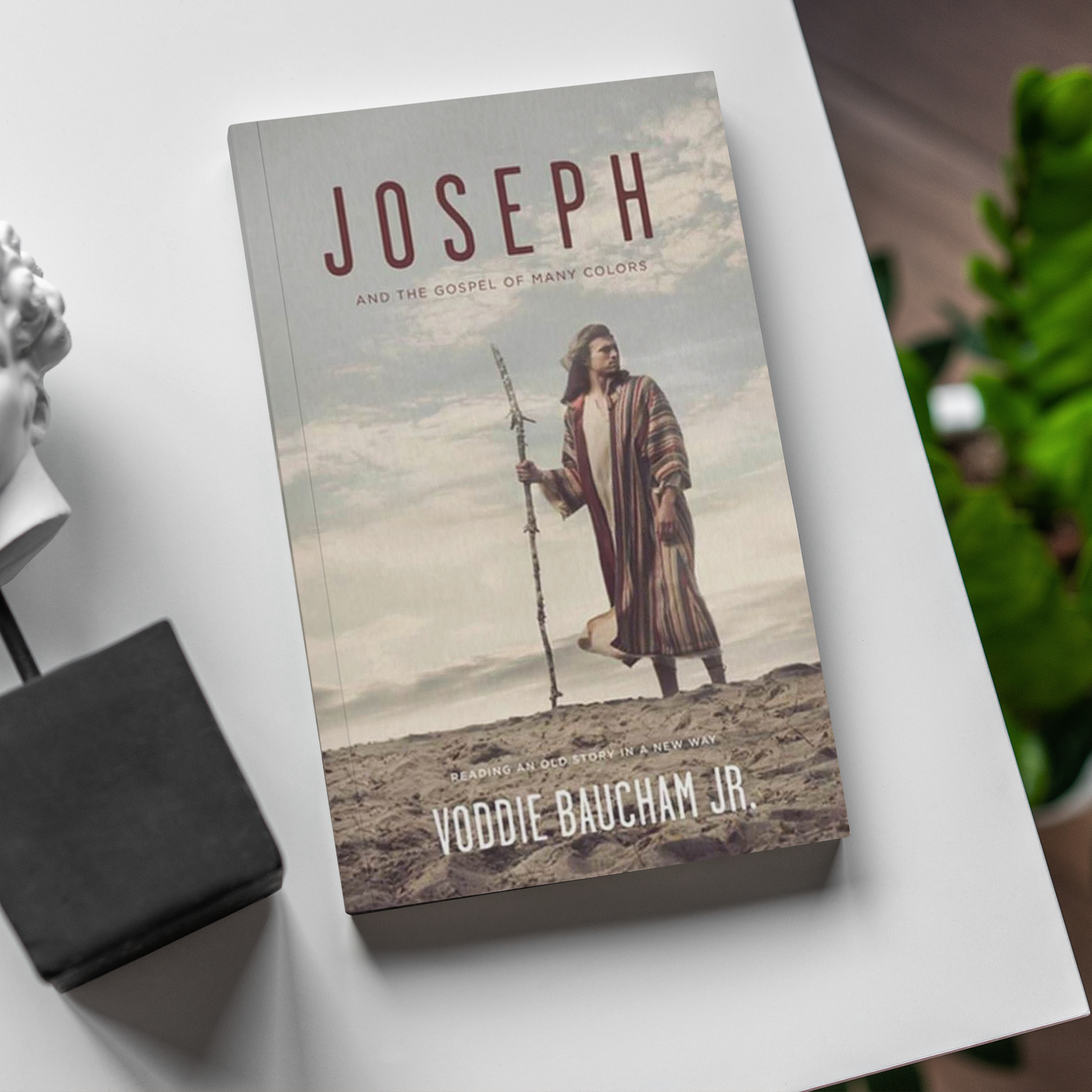 Book titled 'Joseph and the Gospel of Many Colors' by Yodde Bauchan Jr., featuring an image of a man in a striped robe standing on a rocky landscape with a staff, against a cloudy sky background.