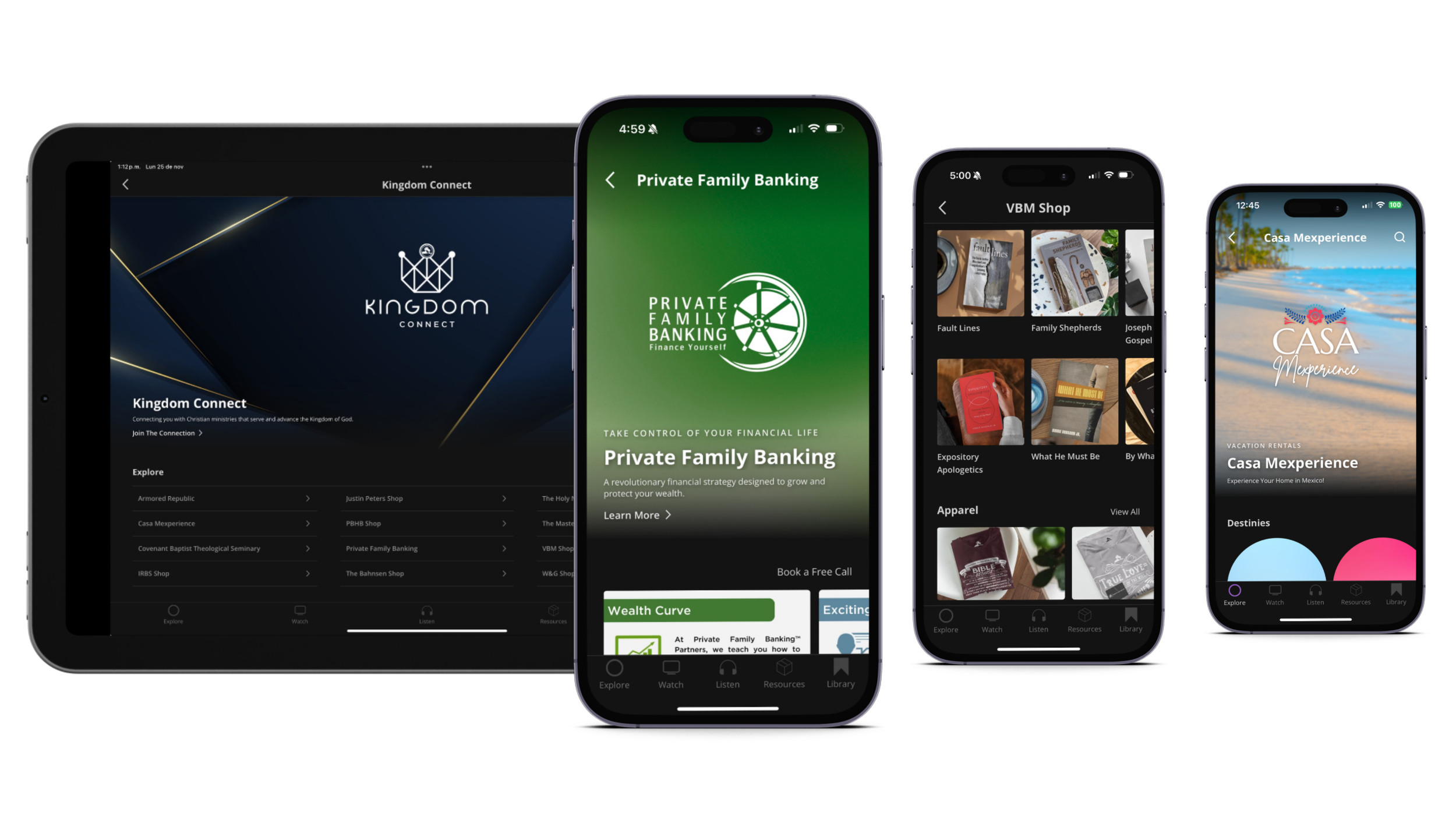 Four mobile screens displaying various app interfaces with a black background. The first screen shows the Kingdom Connect app, the second shows Private Family Banking, the third displays VBM Shop, and the fourth shows Casa Mexperience with vacation rental info.
