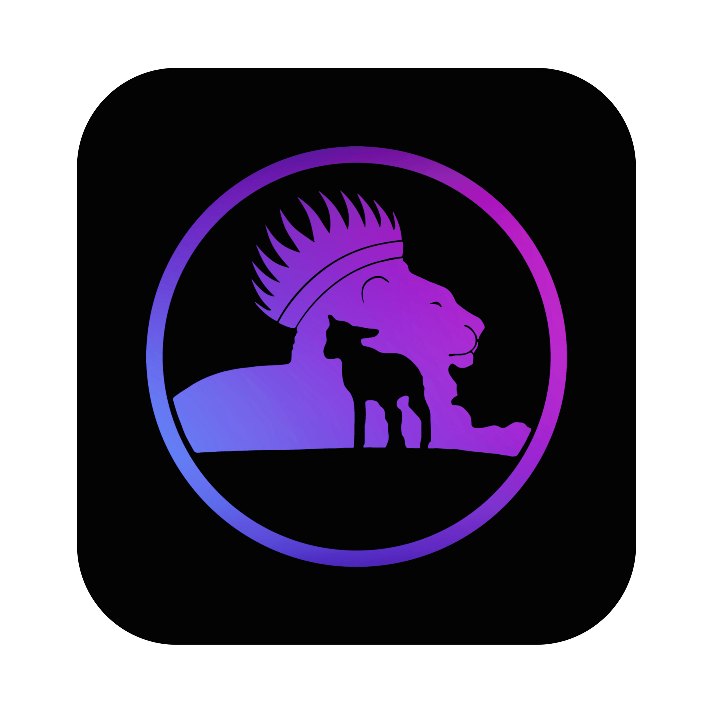 A circular logo featuring a stylized lion with a mane, a silhouette of a hyena, and a mountain landscape in a gradient of purple and blue hues on a black background.