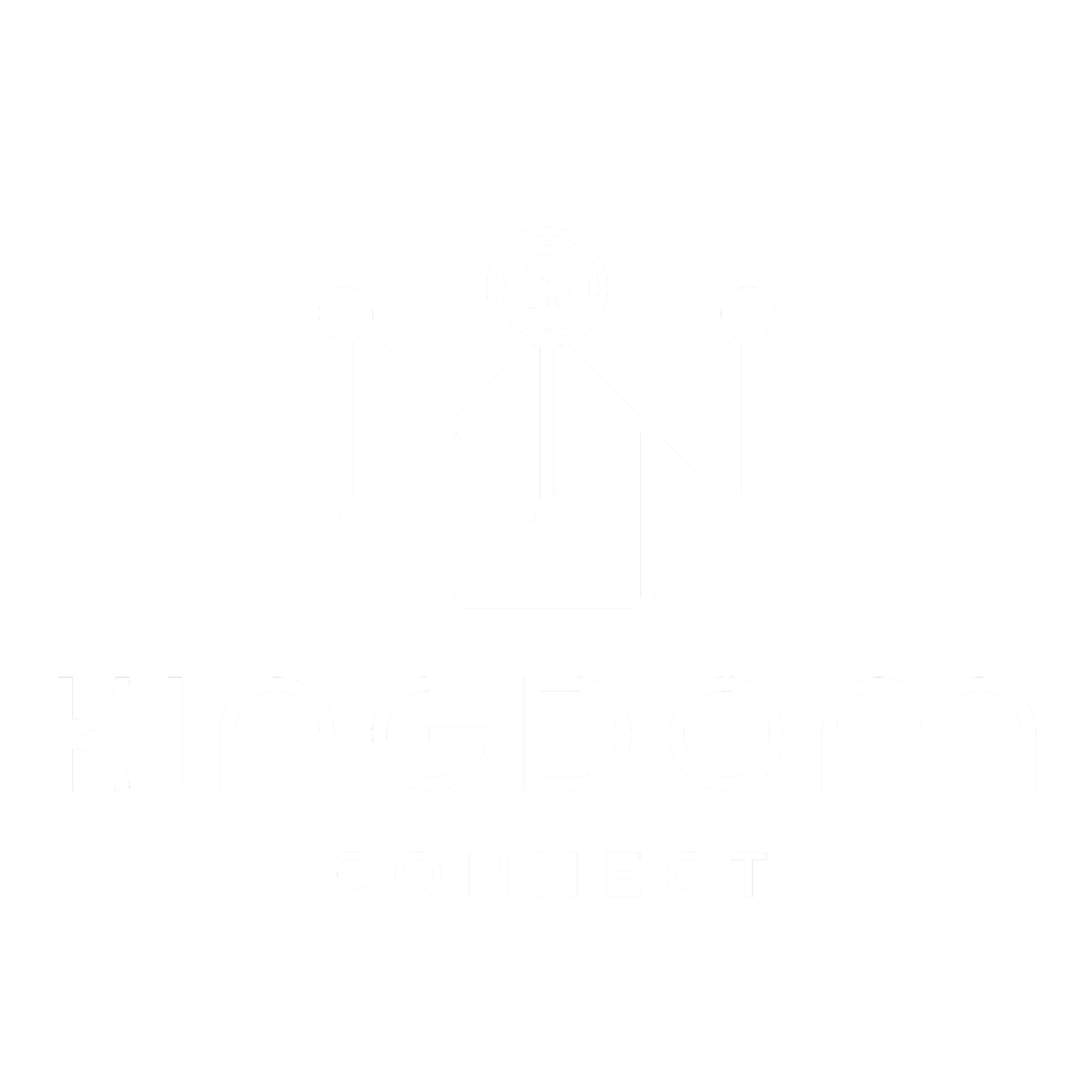 Black background with a white geometric crown logo featuring a circular emblem with a moose inside. Below, the text reads 'KINGDOM CONNECT' in white, with 'KINGDOM' in larger font and 'CONNECT' beneath it in smaller font.