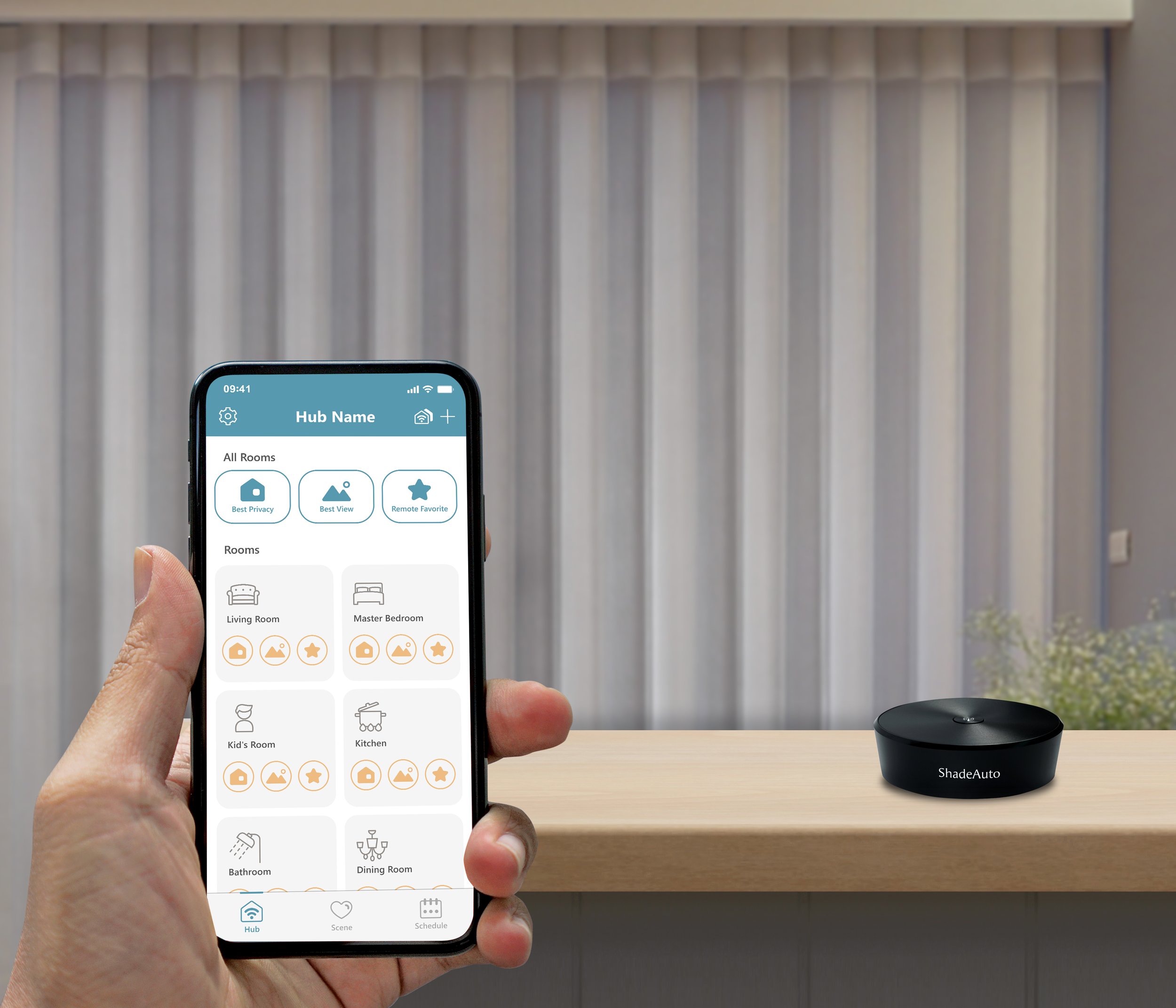 Smartphone displaying a smart home app controlling various rooms, with a black ShadeAuto device on a wooden surface in the background.