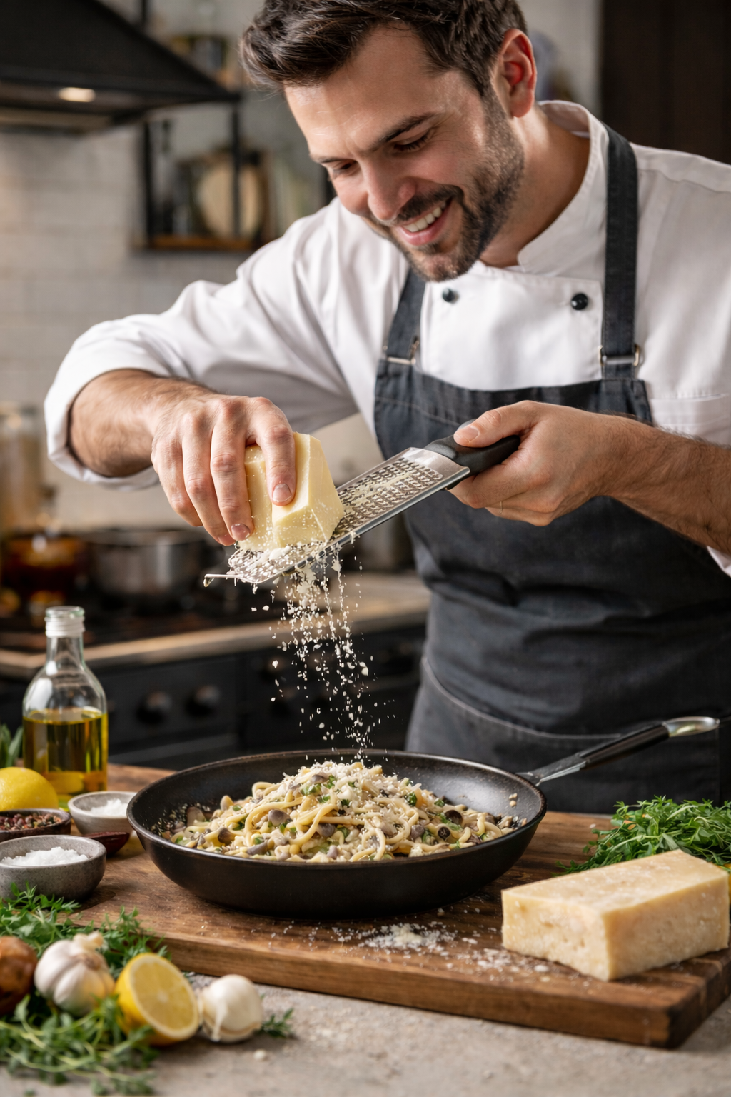 A male chef grating cheese over a pan of pasta in a kitchen.