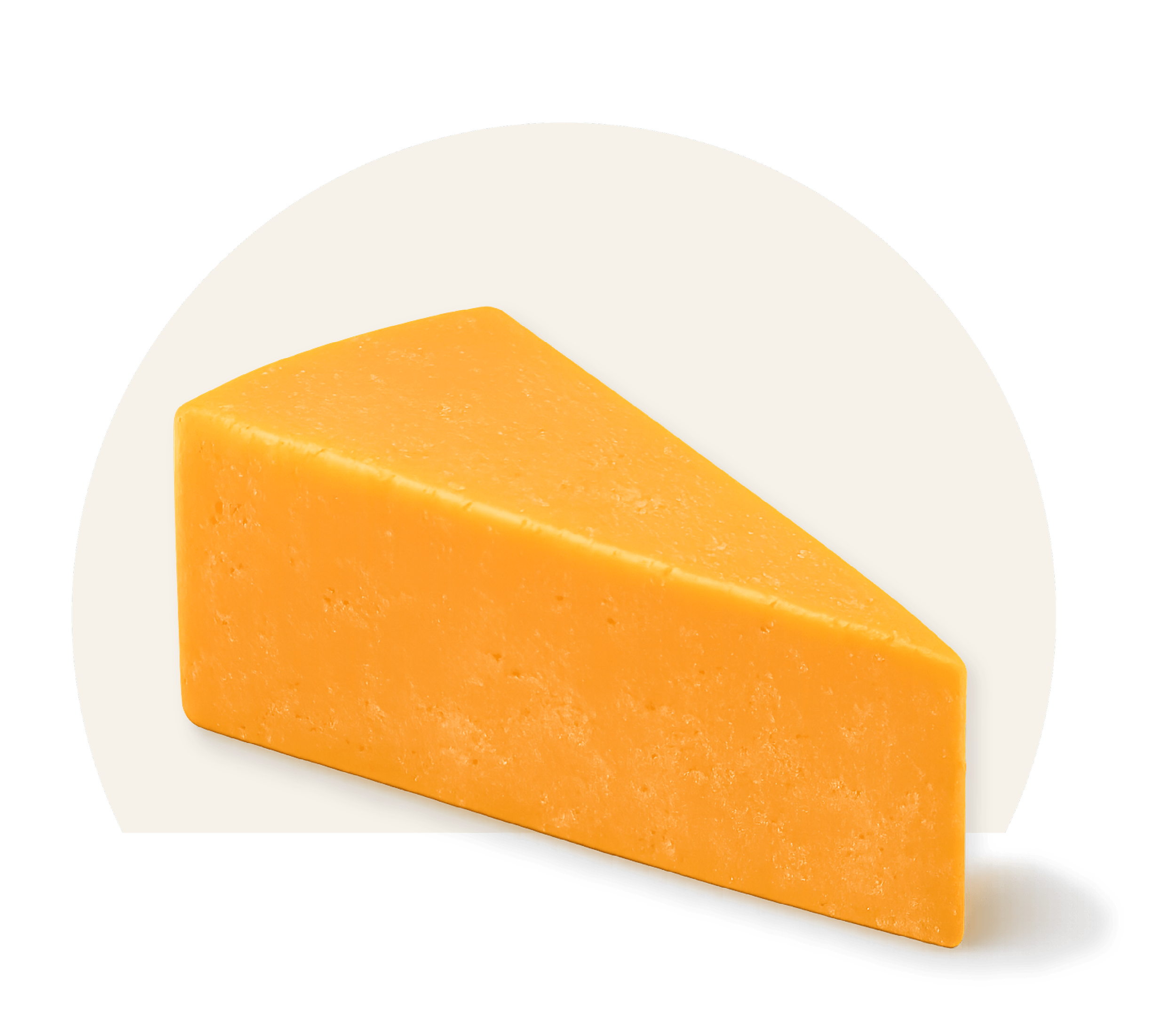 A wedge of orange cheddar cheese on a white circular plate.