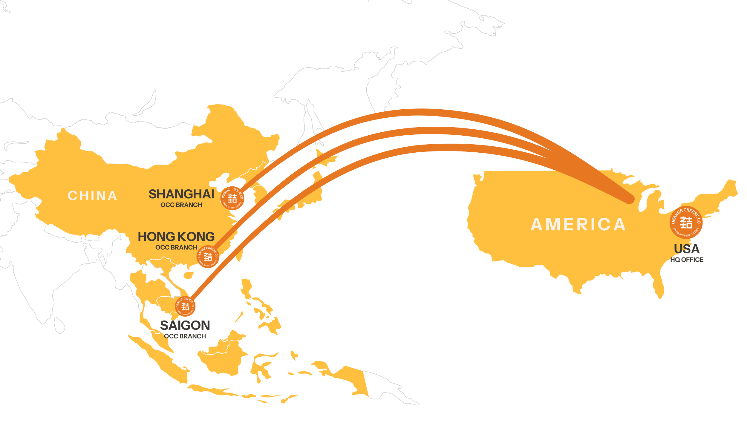 A map illustrating the distribution of Orange Cheese products from the United States to various international markets, including China, Hong Kong, Vietnam, Shanghai, Hong Kong, and Saigon.
