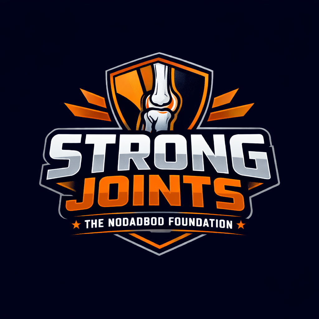 Logo with a shield featuring a knee joint at the top. Text reads 'Strong Joints' with 'The Nodadbod Foundation' below. Orange and black color scheme.
