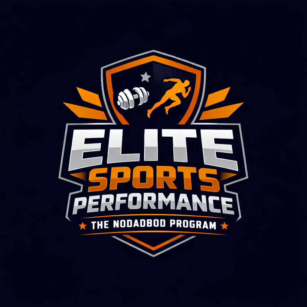 Logo for Elite Sports Performance, featuring a shield with a star, a silhouette of a running person, and a dumbbell, with the text 'ELITE SPORTS PERFORMANCE' and 'The NODADBOO Program'.