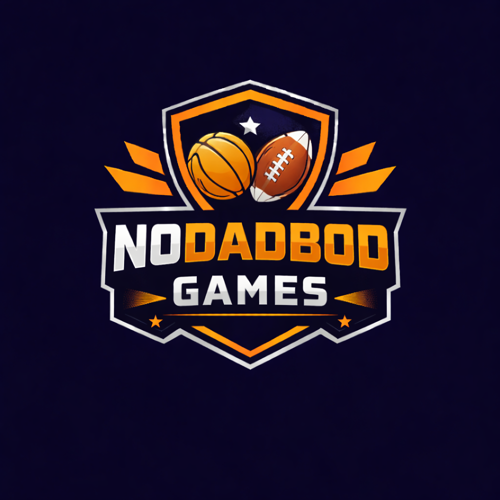 A sports-themed logo with a shield featuring a basketball and football, and the text 'No Dad Bod Games' in bold letters, colored in white and orange, against a dark background.