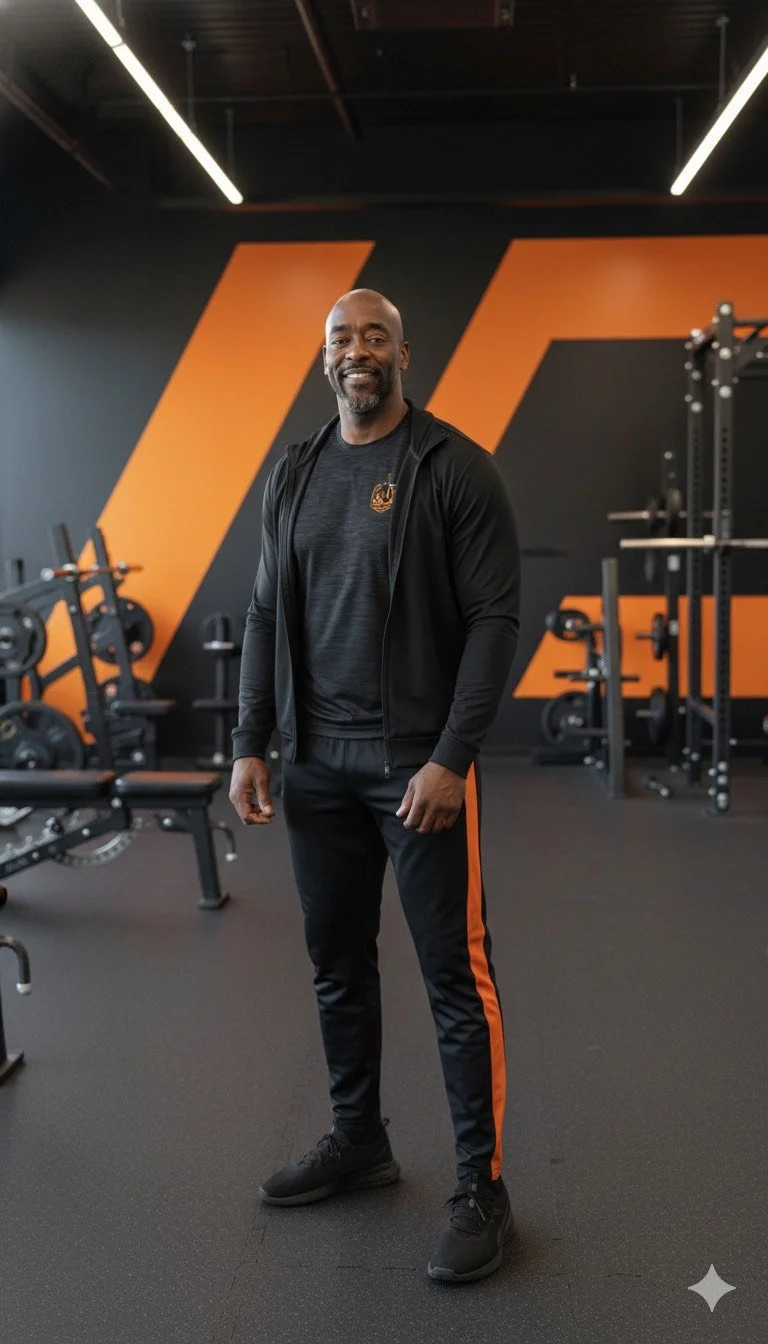 David, a fitness coach in workout clothes standing in a gym with black and orange walls and exercise equipment.