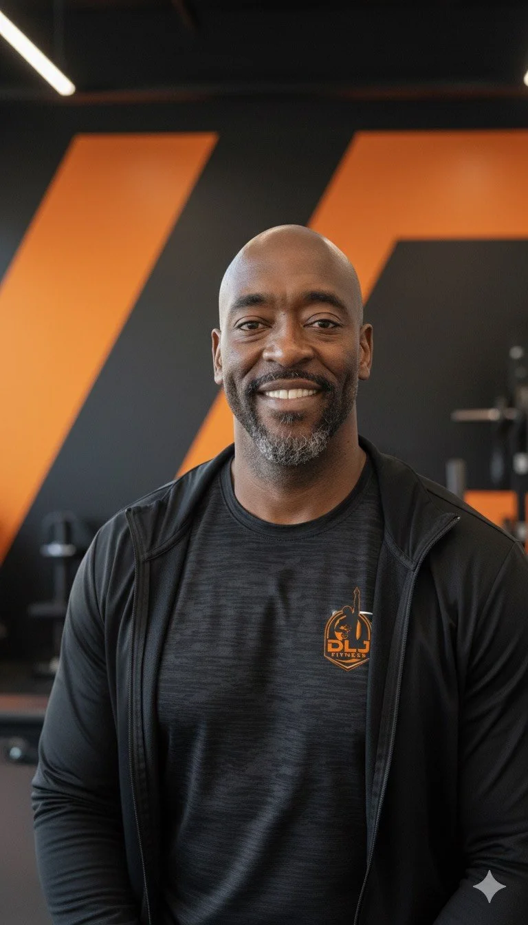 David, fitness coach and founder of No Dad Bod, standing in gym wearing a black athletic jacket over a black T-shirt.