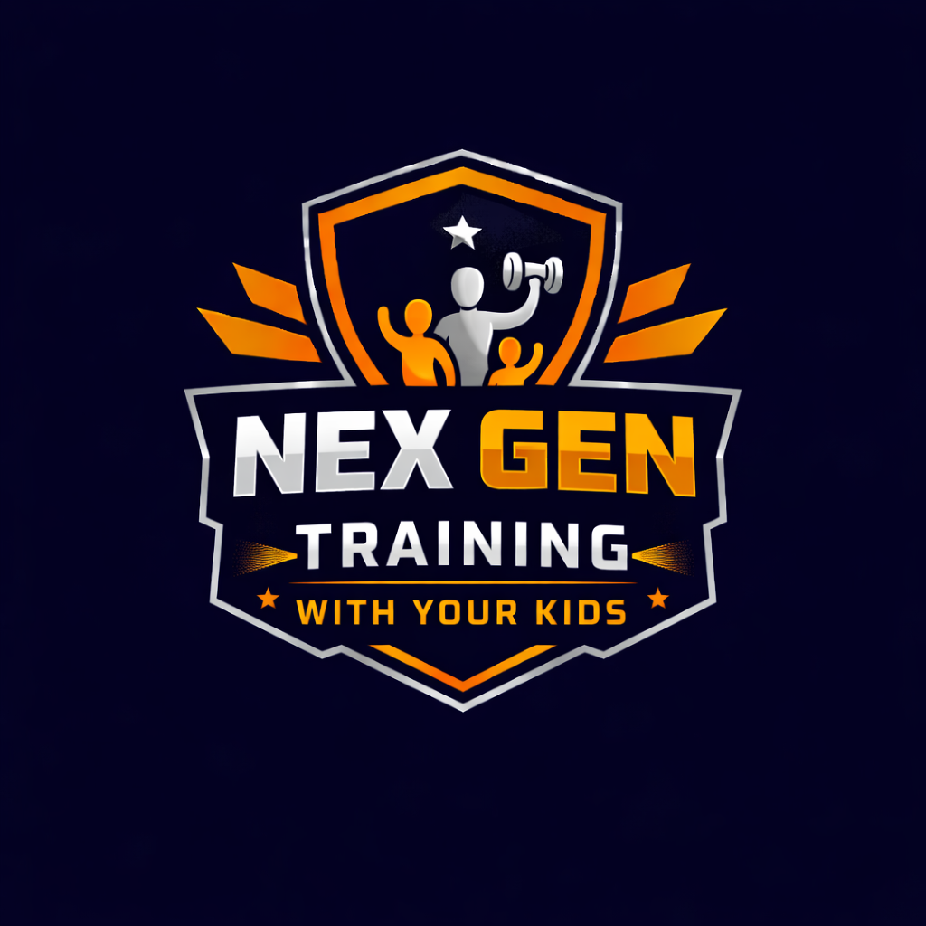 A logo for NEX GEN training with your kids features a shield with a figure lifting a dumbbell, two smaller figures, a star, and orange accent lines on a dark background.