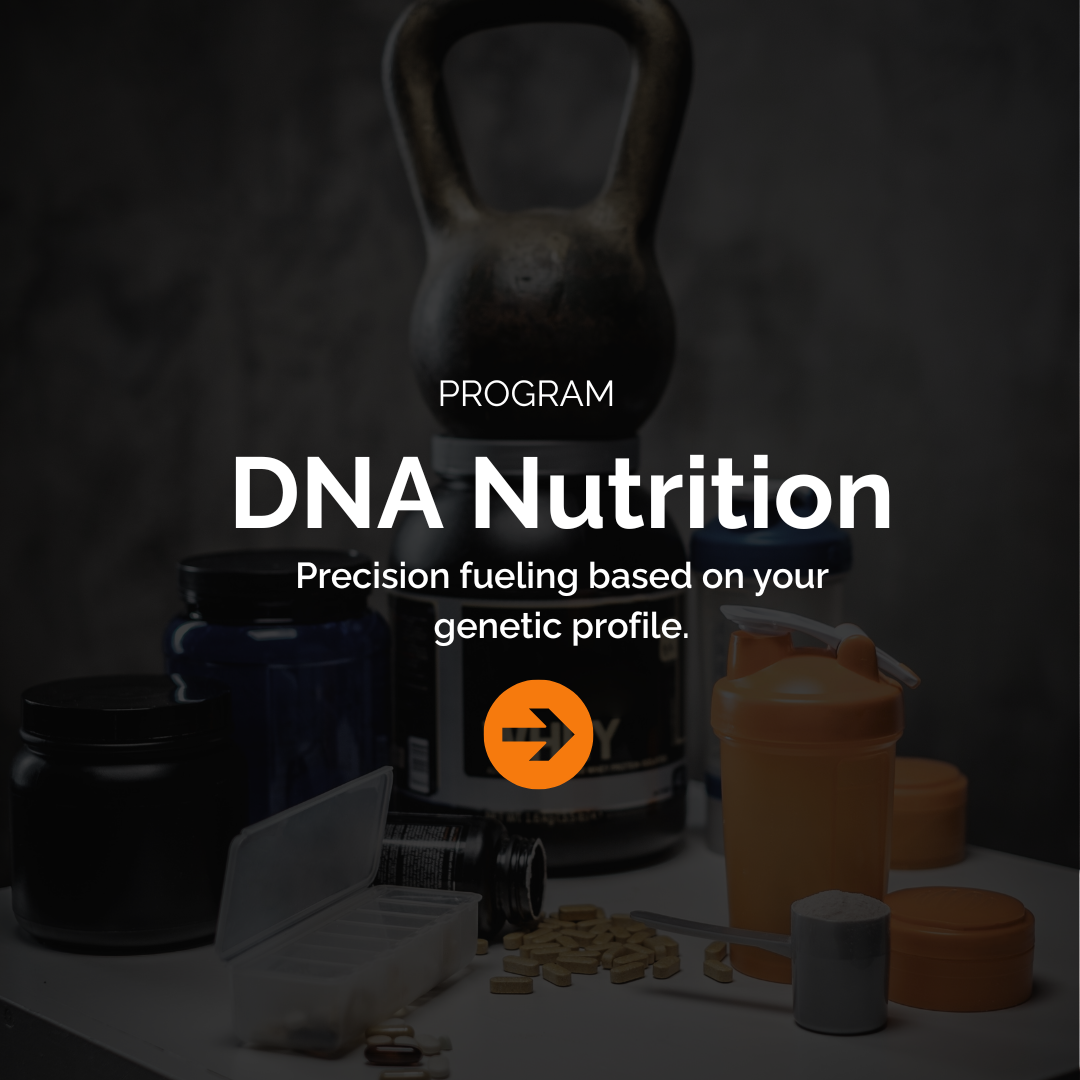 Supplements and a kettlebell on a table, promoting DNA nutrition program for personalized fueling based on genetic profile.