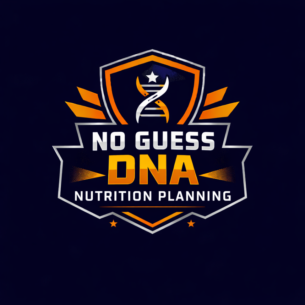 Logo with shield, DNA strand, star, and leaf elements; text reads "No Guess DNA Nutrition Planning."