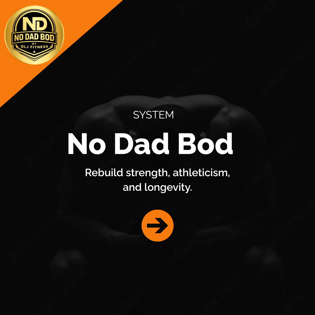 Black and orange promotional graphic for No Dad Bod fitness system, featuring a dark background with a faint image of a muscular person's back, logo in top left corner, and a right arrow button in the center.