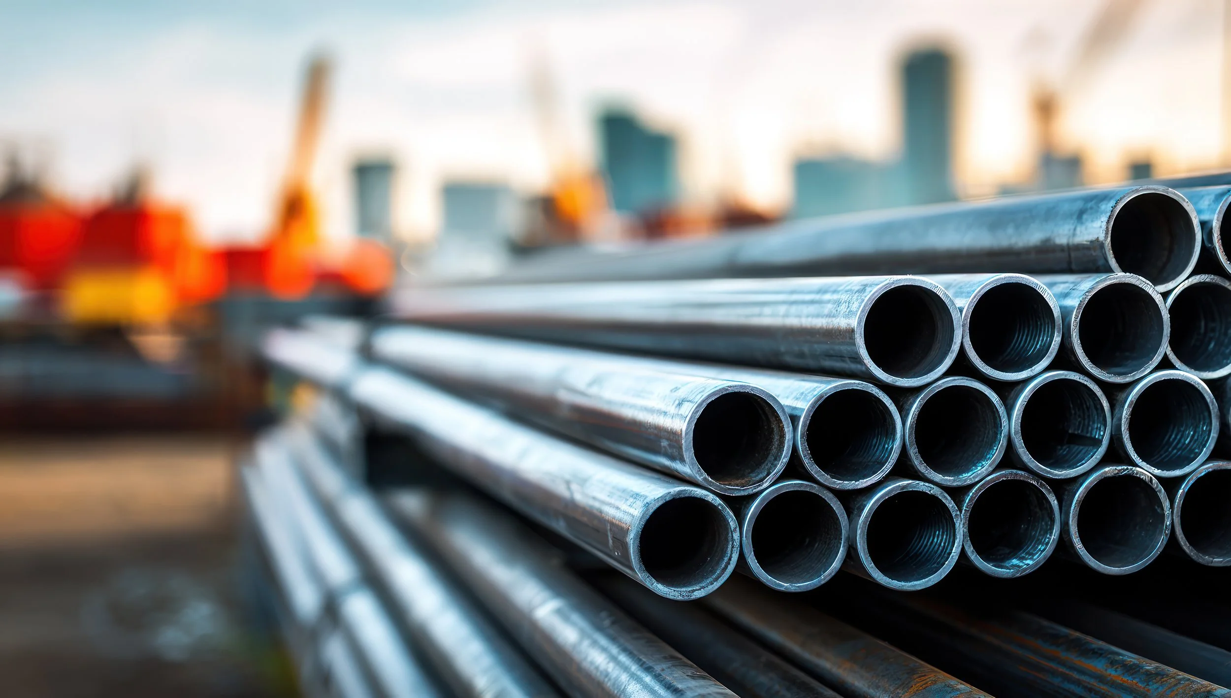 Tubos de metal empilhados em um canteiro de obras com fundo desfocado de prédios e equipamento de construção.