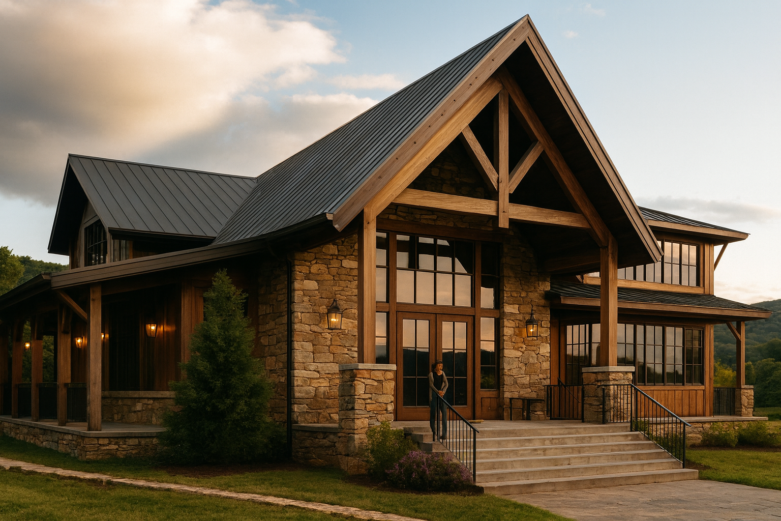 A large house with stone and wood exterior, multiple gabled roofs with metal roofing, large windows, front steps, and a person standing near the front door at sunset.