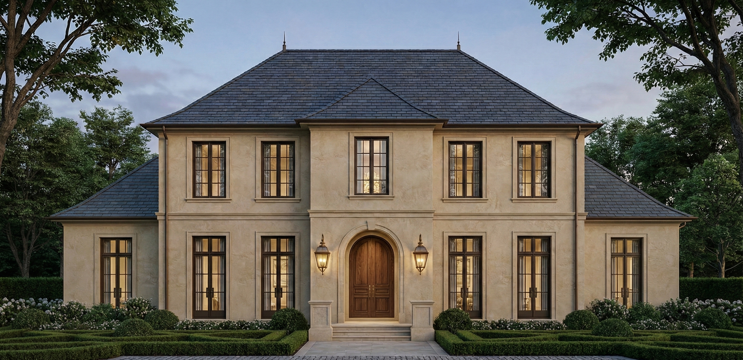 A large, elegant two-story house with beige stucco walls, dark wood accents, and a dark shingle roof. The house features tall, multi-pane windows with black frames, a centered arched wooden front door flanked by wall-mounted lanterns, and neatly manicured bushes and flowers in the front yard. Tall trees surround the property, and the sky is partly cloudy at dusk.