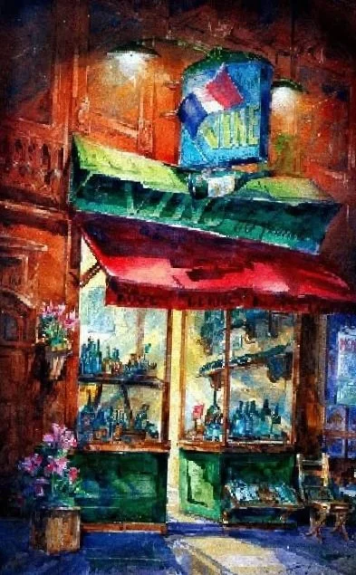 A painted image of a storefront with a red awning, green and red accents, and a large sign with the word 'VASE' above the entrance, with flowers and bottles displayed outside.