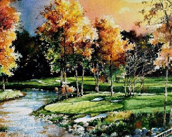 A landscape painting of a park with a small pond, green grass, and trees with orange, yellow, and green leaves, during autumn.