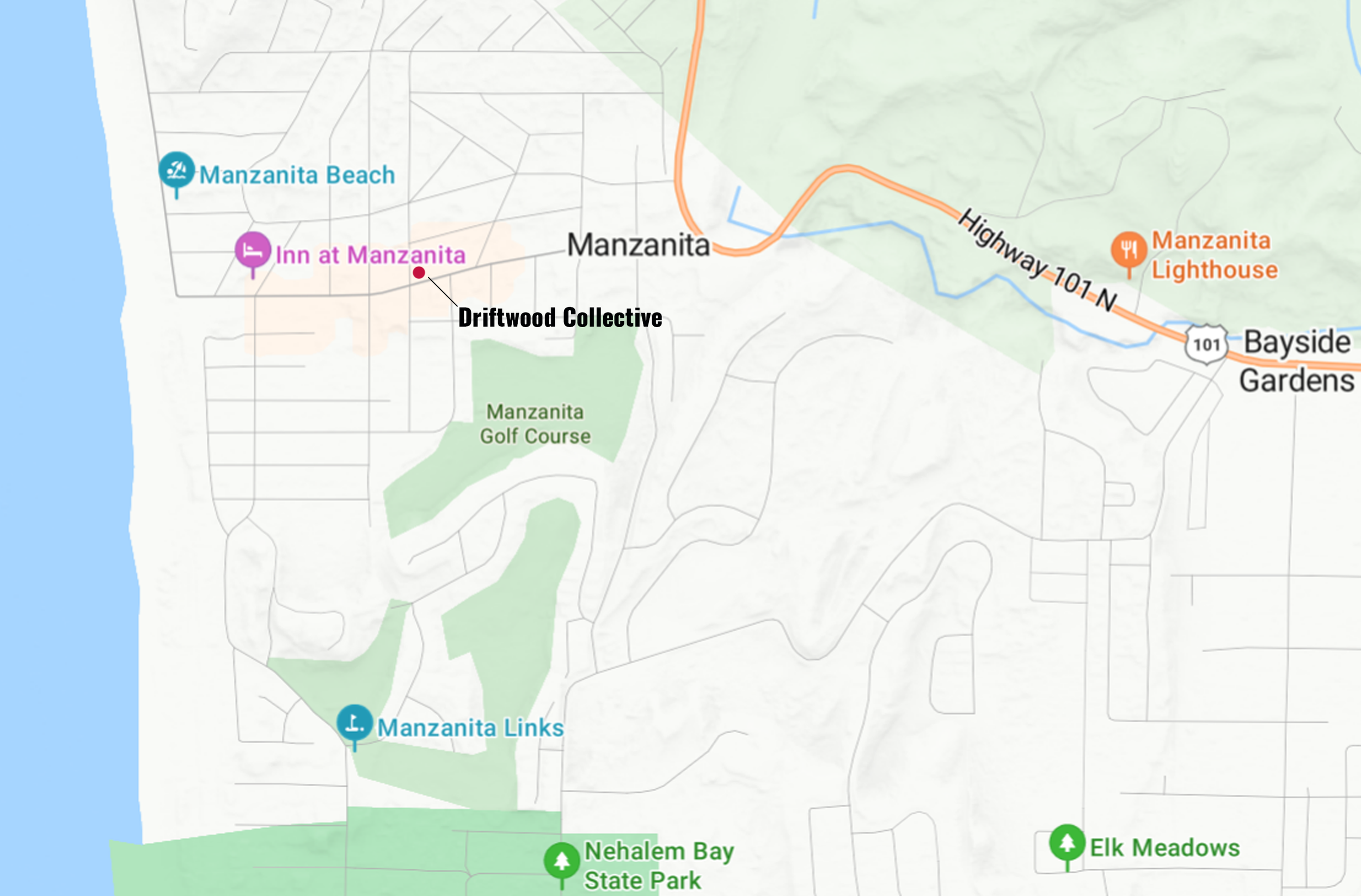 Map of Manzanita, Oregon, showing locations including Manzanita Beach, Inn at Manzanita, Manzanita Links golf course, Nehalem Bay State Park, Elk Meadows, and Manzanita Lighthouse along Highway 101.