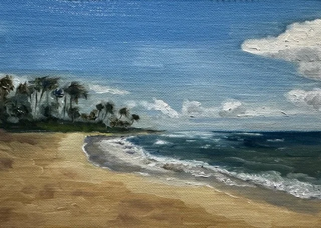 A tropical beach scene with light brown sand, palm trees, and a blue ocean with gentle waves under a partly cloudy sky.