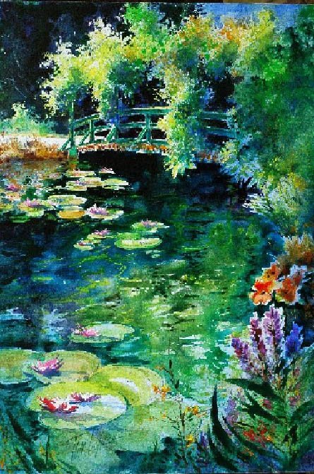 A watercolor painting of a lush garden pond with pink water lilies, surrounded by vibrant green trees and plants. A small wooden bridge crosses over the pond in the background.