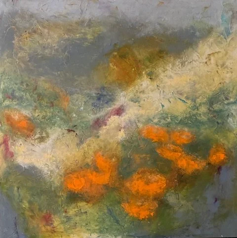 Abstract painting with muted green, yellow, and orange tones.