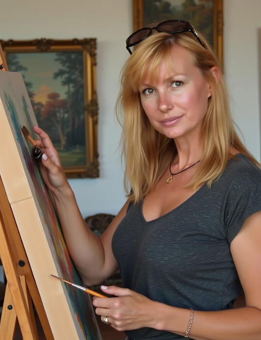 A woman with blonde hair and sunglasses on her head standing in front of an easel, holding a paintbrush and working on a painting in an art gallery or studio, with framed landscape paintings in the background.