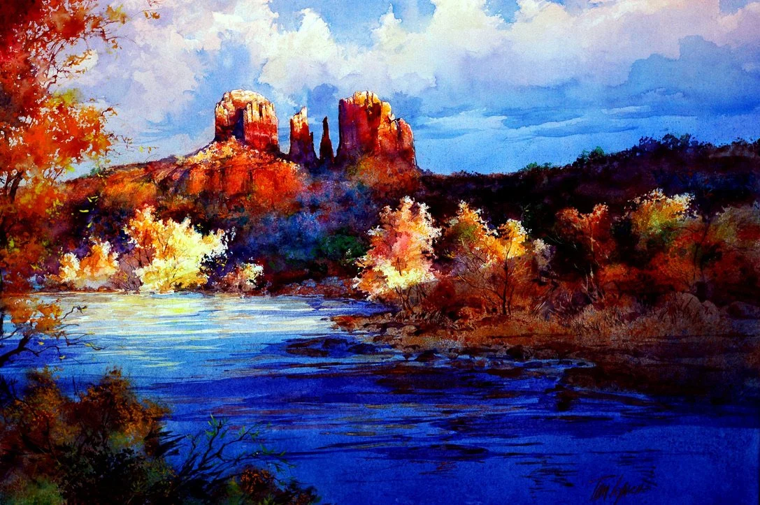 Watercolor painting of a river flowing through a landscape with colorful autumn trees and red rock formations in the background, under a partly cloudy sky.